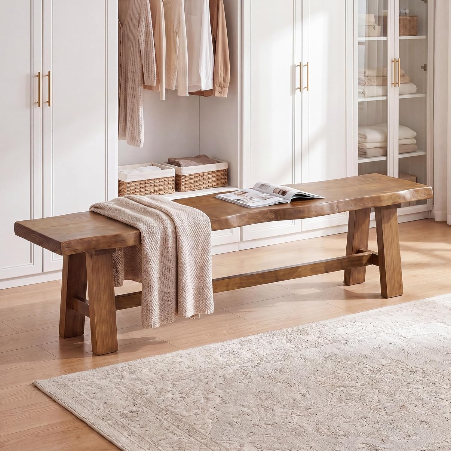 Tribesigns 63" Solid Wood Entryway Bench, Farmhouse Bench with A-Frame Legs