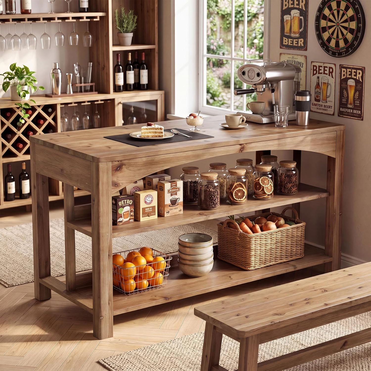 Tribesigns 59-Inch Bar Table, Farmhouse Counter Height Table with Storage Shelves for Kitchen Dining Room