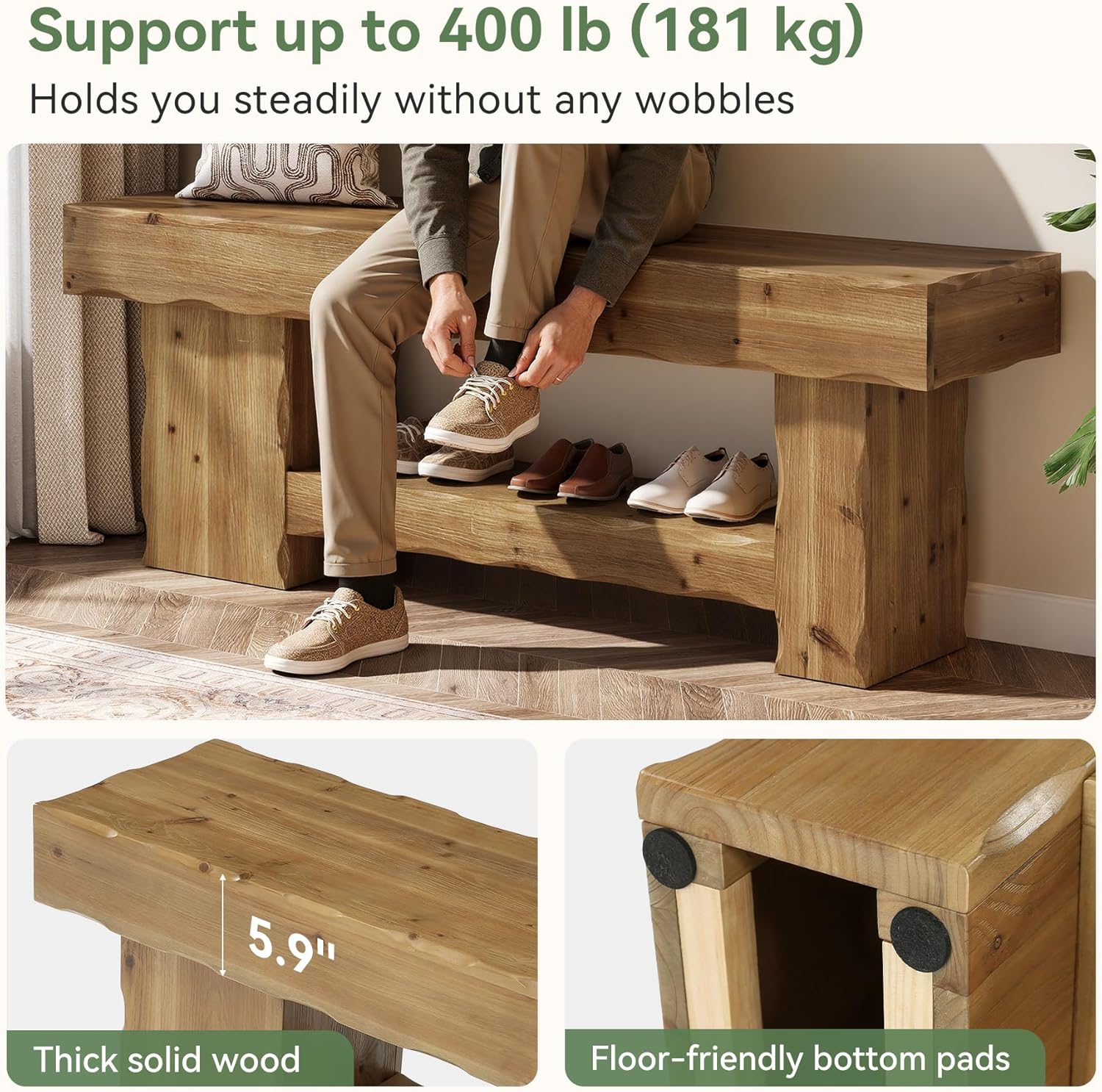 Solid Wood Entryway Shoe Bench, 63" End-of-Bed Bench with Storage Shelf