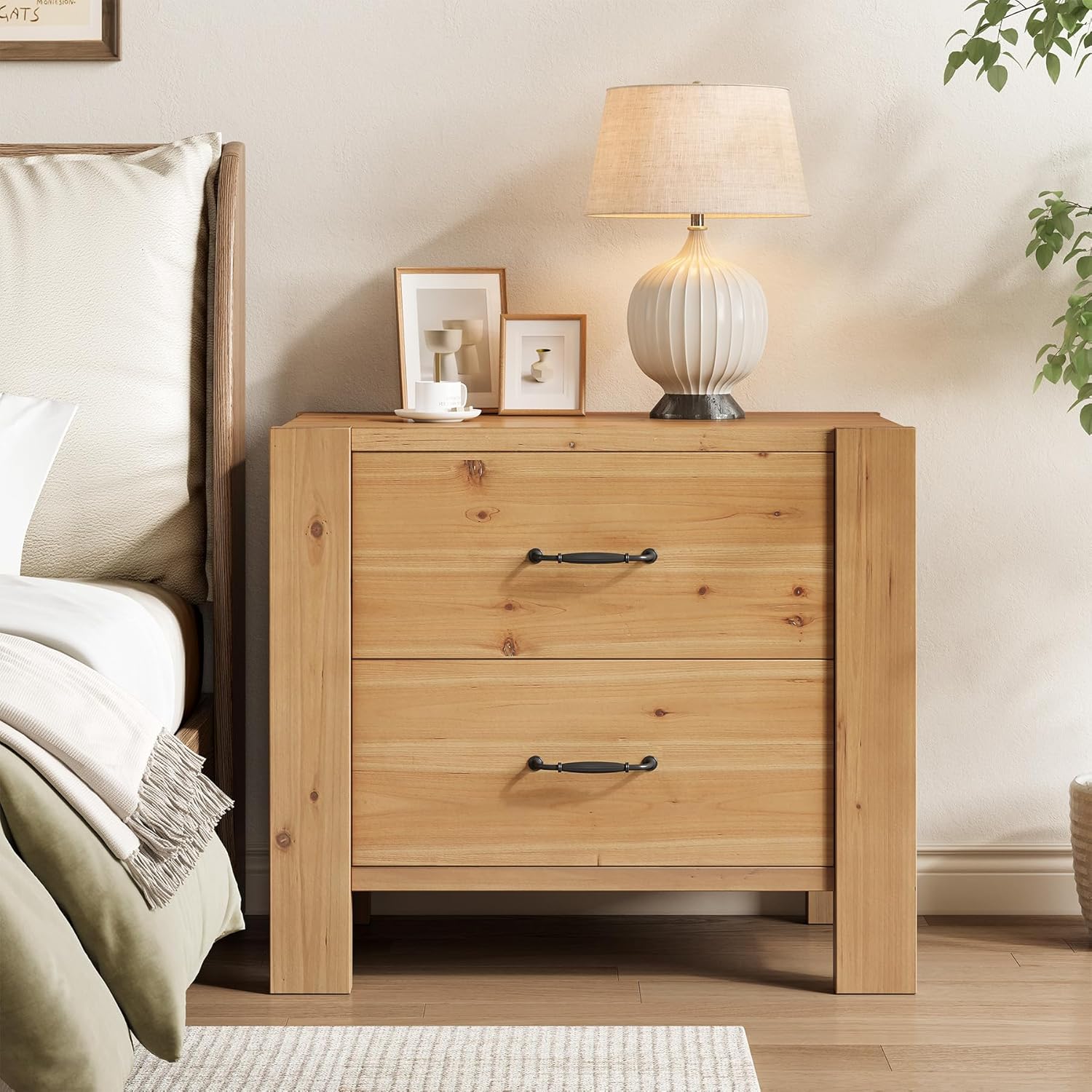 Solid Wood Nightstand, Oversize Bedside Table with 2 Drawers