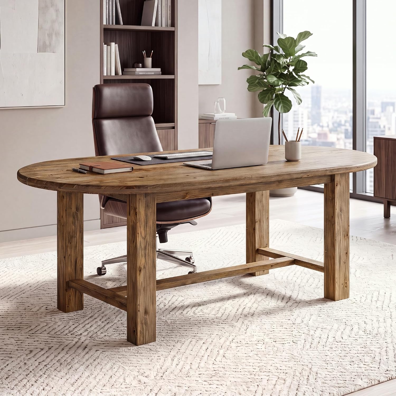Solid Wood Executive Desk, 63" Oval Computer Table Office Desk with Crossbar for Home Office