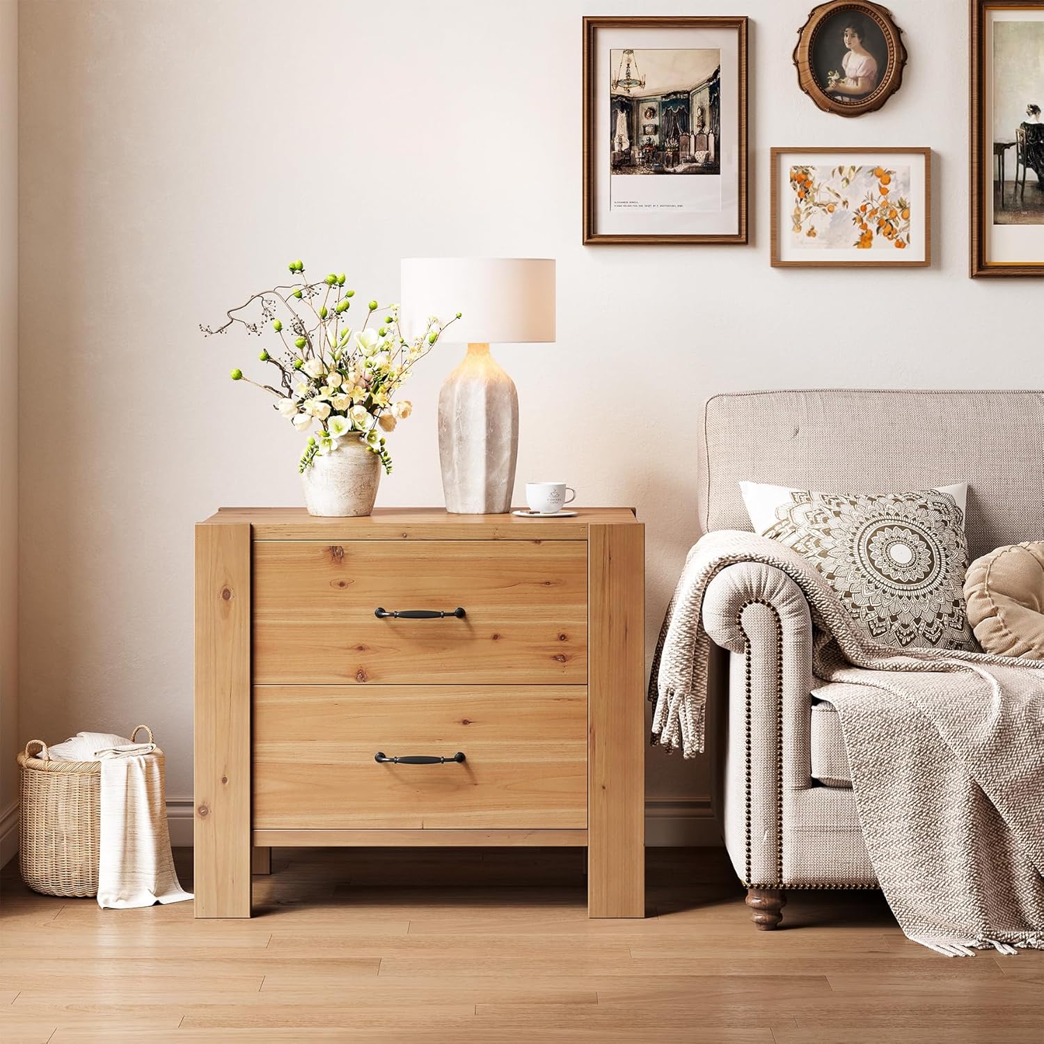 Solid Wood Nightstand, Oversize Bedside Table with 2 Drawers