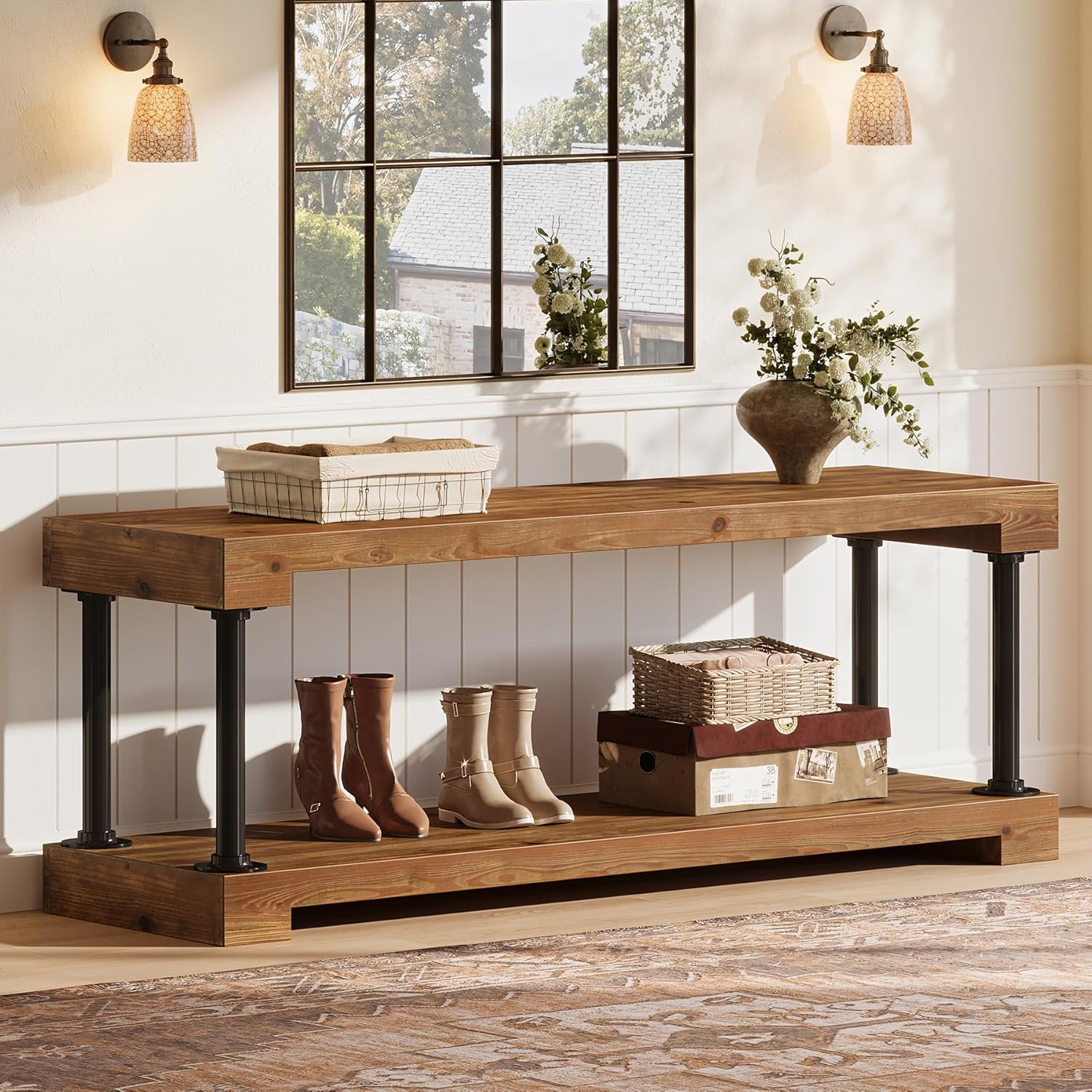 Tribesigns 63" Solid Wood Entryway Bench, Industrial Storage Bench with Shelf