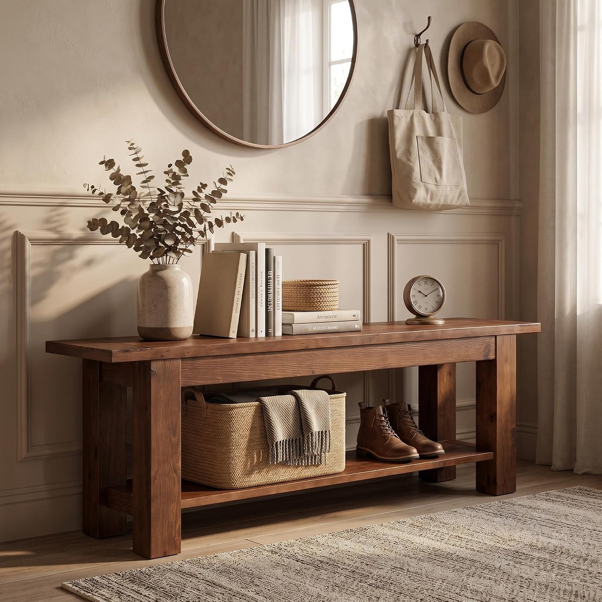 71" Extra Long Entryway Bench with Shoe Storage, Rustic Farmhouse Solid Wood, 2-Tier, Hallway