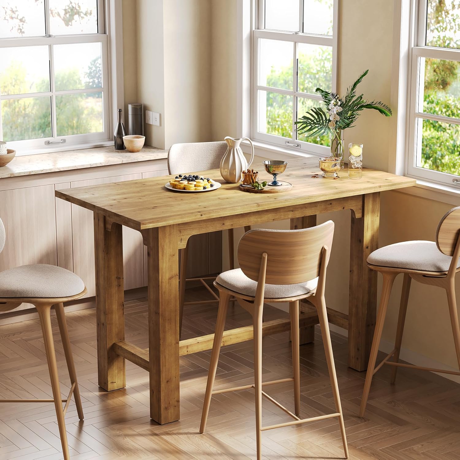 Solid Wood Bar Table, 63" Dining Table Counter Height Pub Table