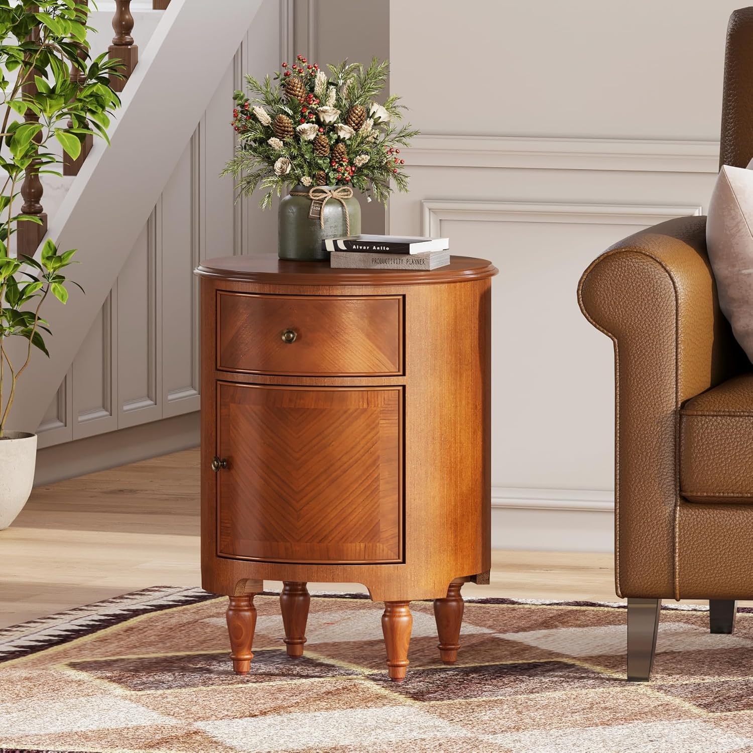 17.7" Round End Table, Solid Wood Sofa Side Table Nightstand with Drawer