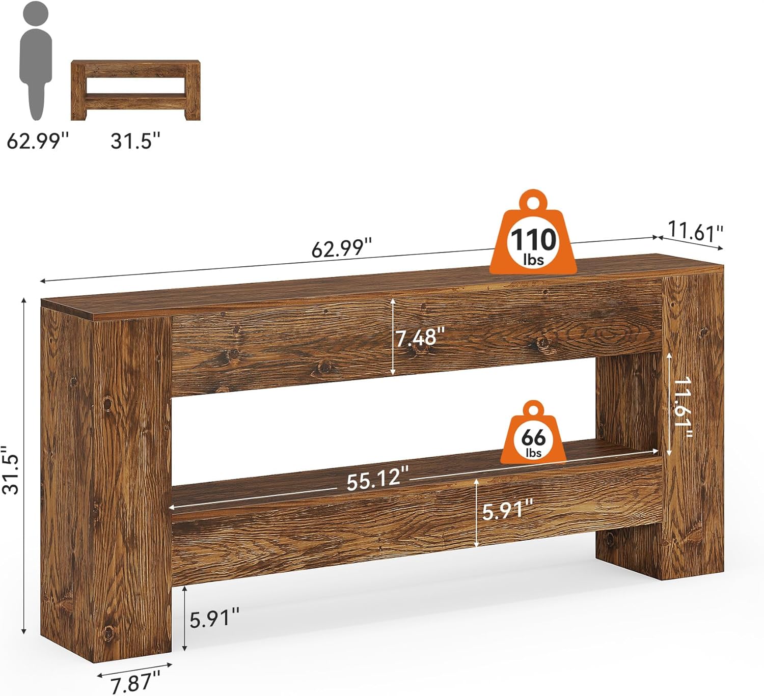 Solid Wood Console Table, 63" Farmhouse Entryway Table with 2-Tier Storage Shelf
