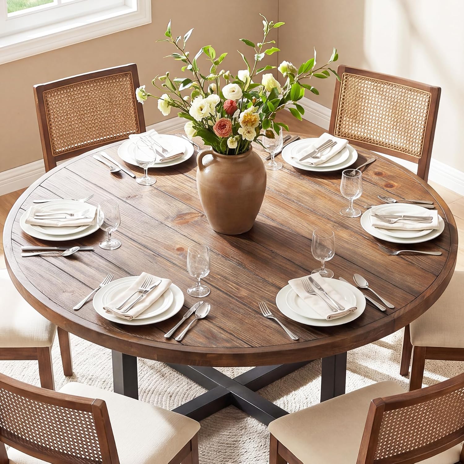 47" Round Dining Table, Solid Wood Kitchen Table with Metal Cross Base for 4-6