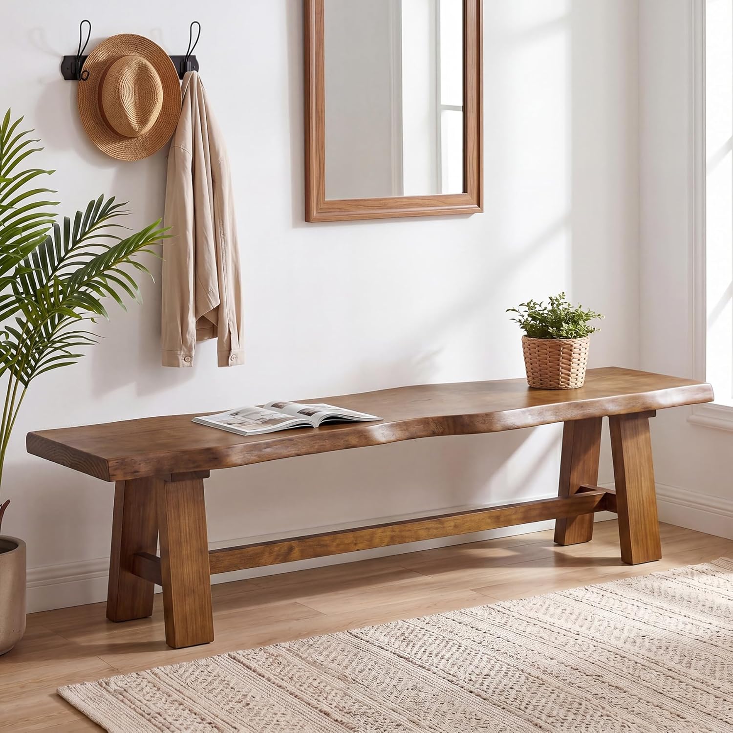 Tribesigns 63" Solid Wood Entryway Bench, Farmhouse Bench with A-Frame Legs
