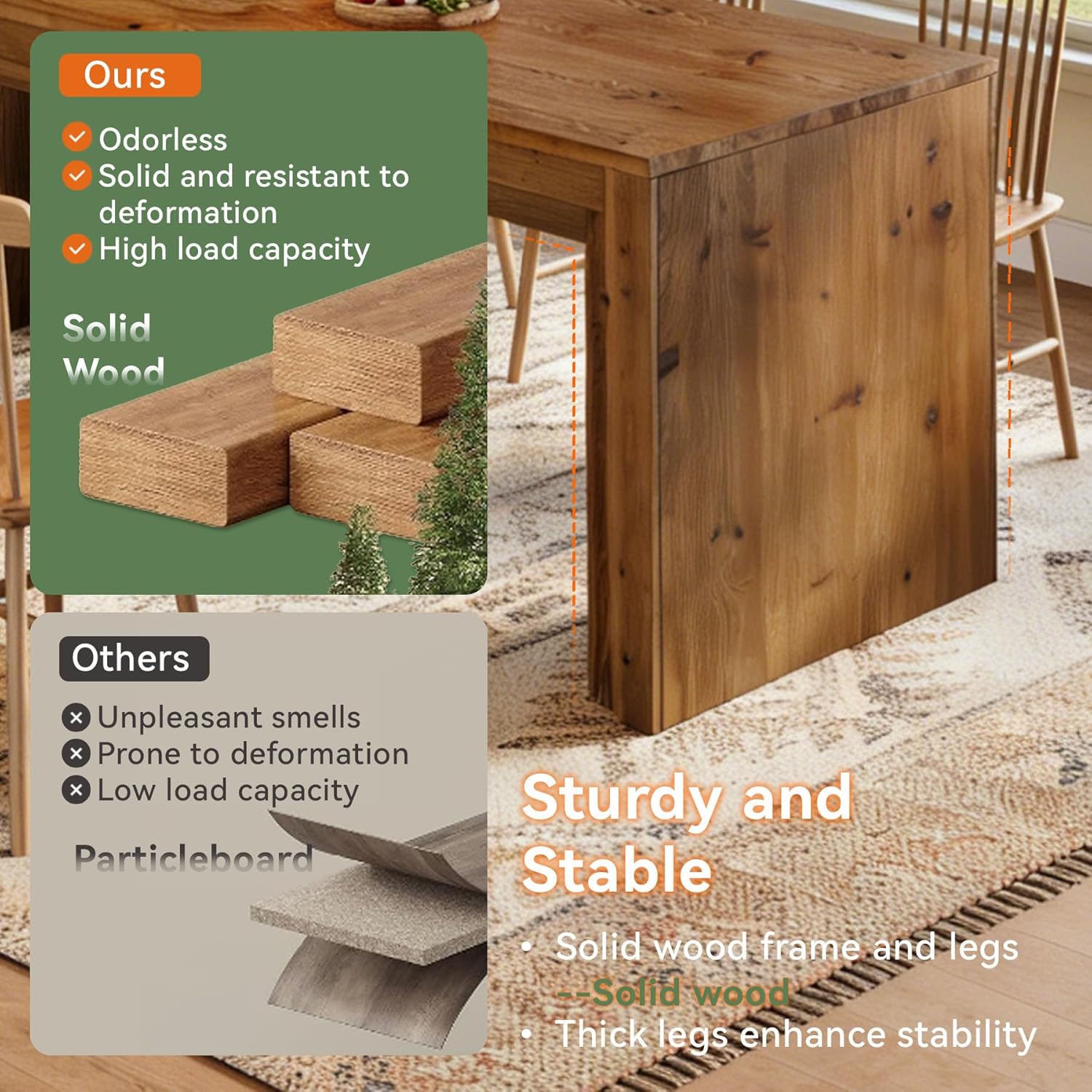Solid Wood Dining Table for 6-10, 78.7" Rectangular Kitchen Table for Dining Room