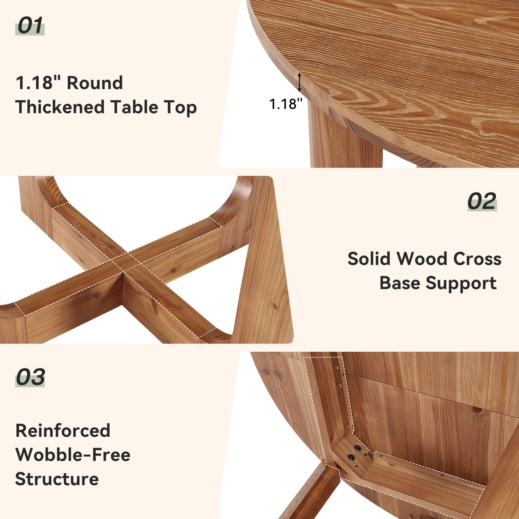 39.4" Round Solid Wood Dining Table, Farmhouse Kitchen Table with X-Cross Legs for 2-4