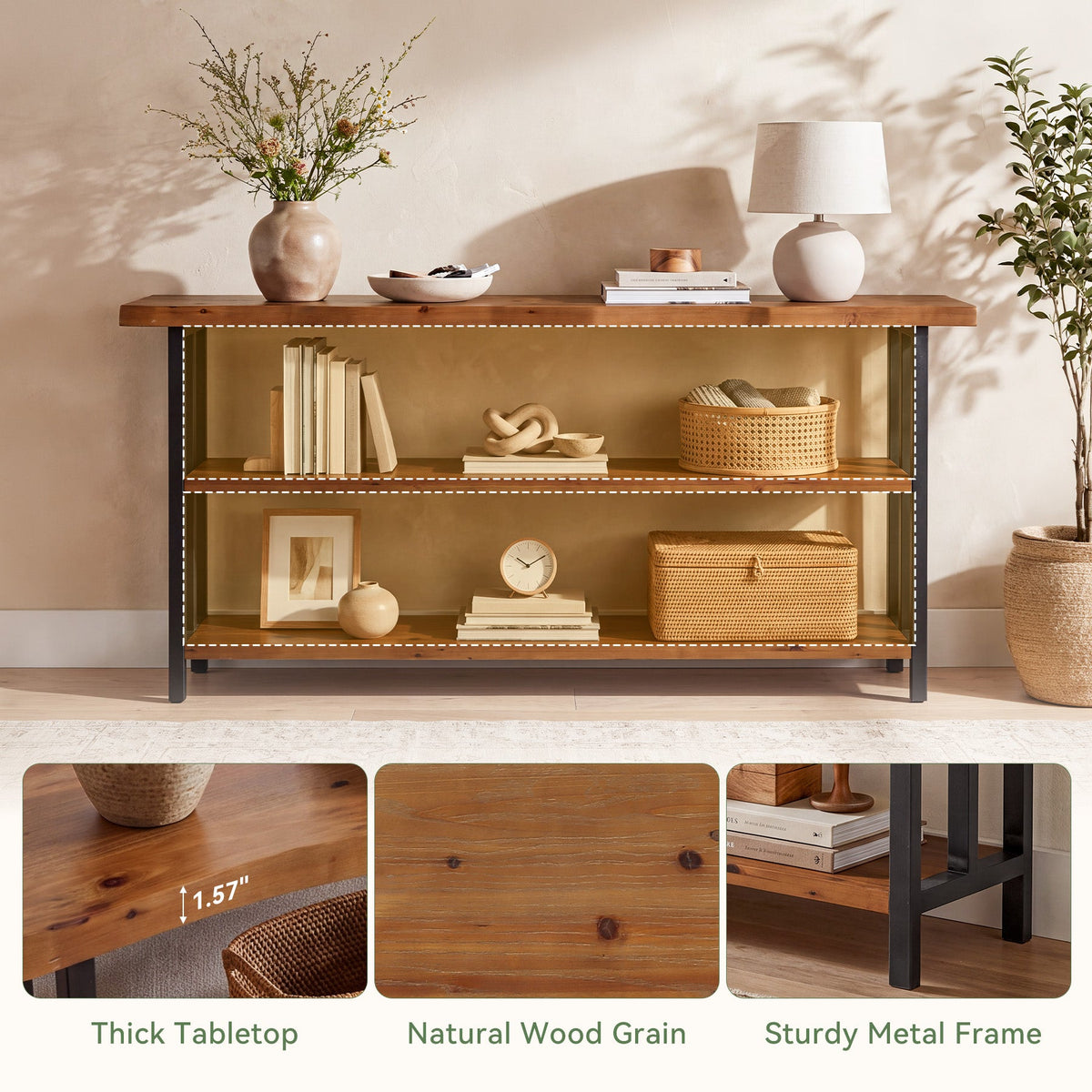 63" Live Edge Console Table, Farmhouse Solid Wood 3-Tier Shelves