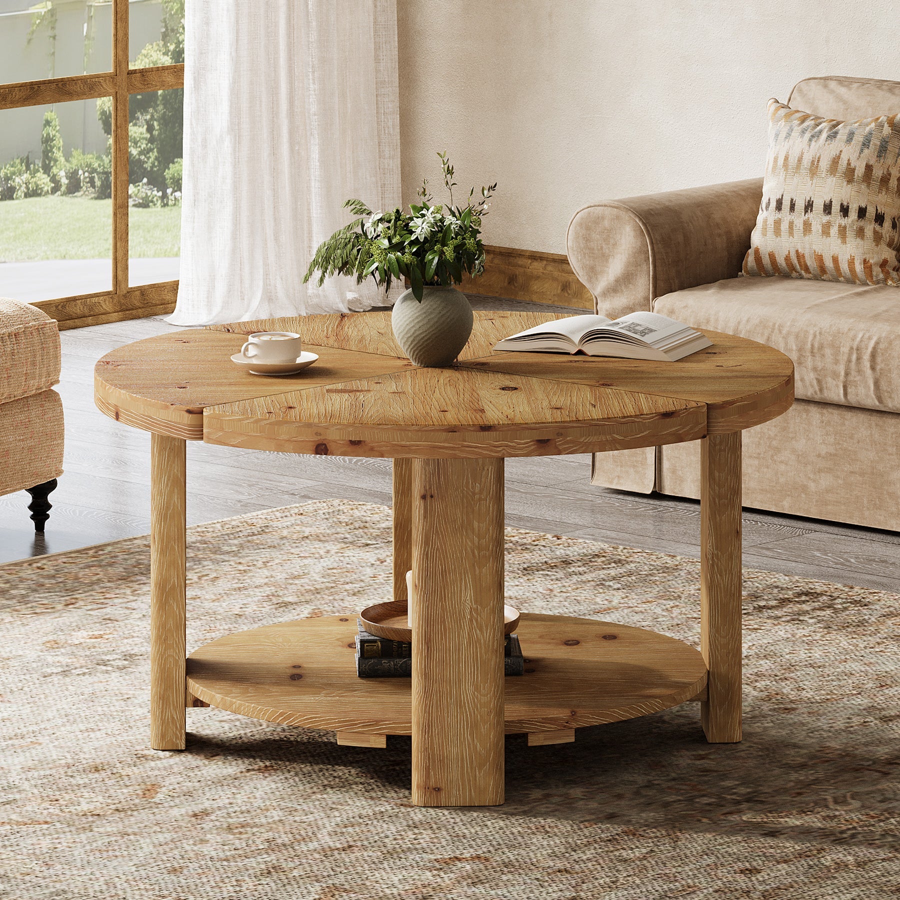31.5" Solid Wood Coffee Table, Round Center Table with 2-Tier Storage