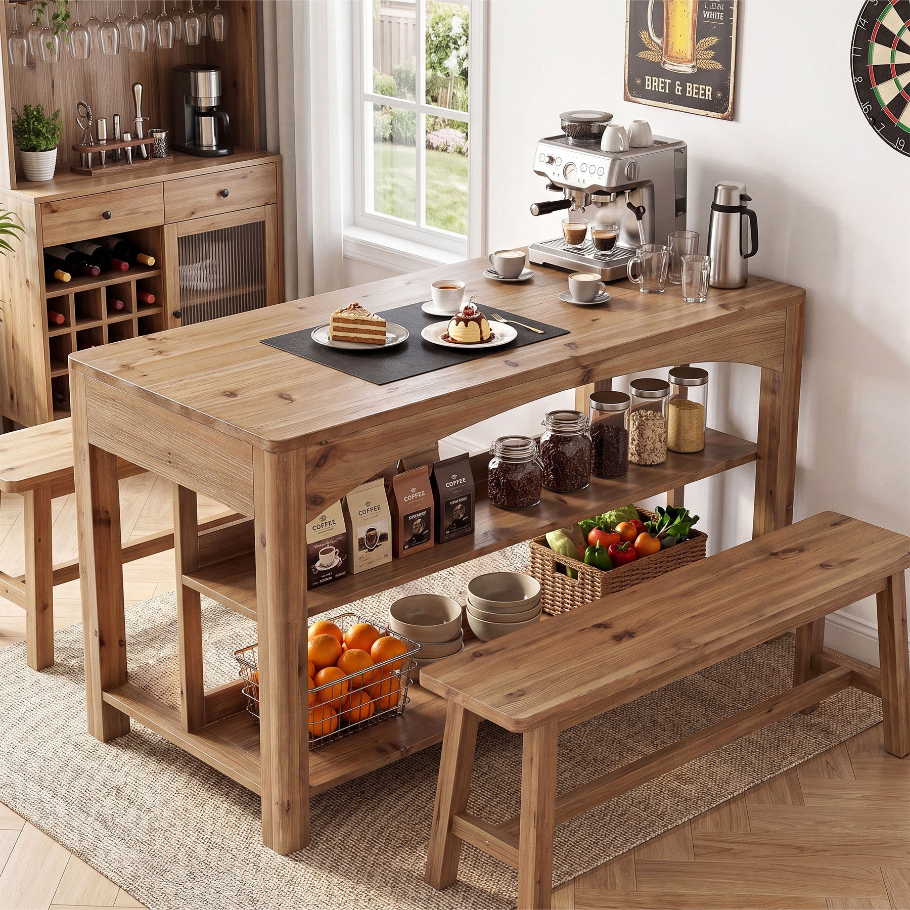 Tribesigns 59-Inch Kitchen Island, Solid Wood Island Table with 3-Tier Storage for Kitchen Dining Room