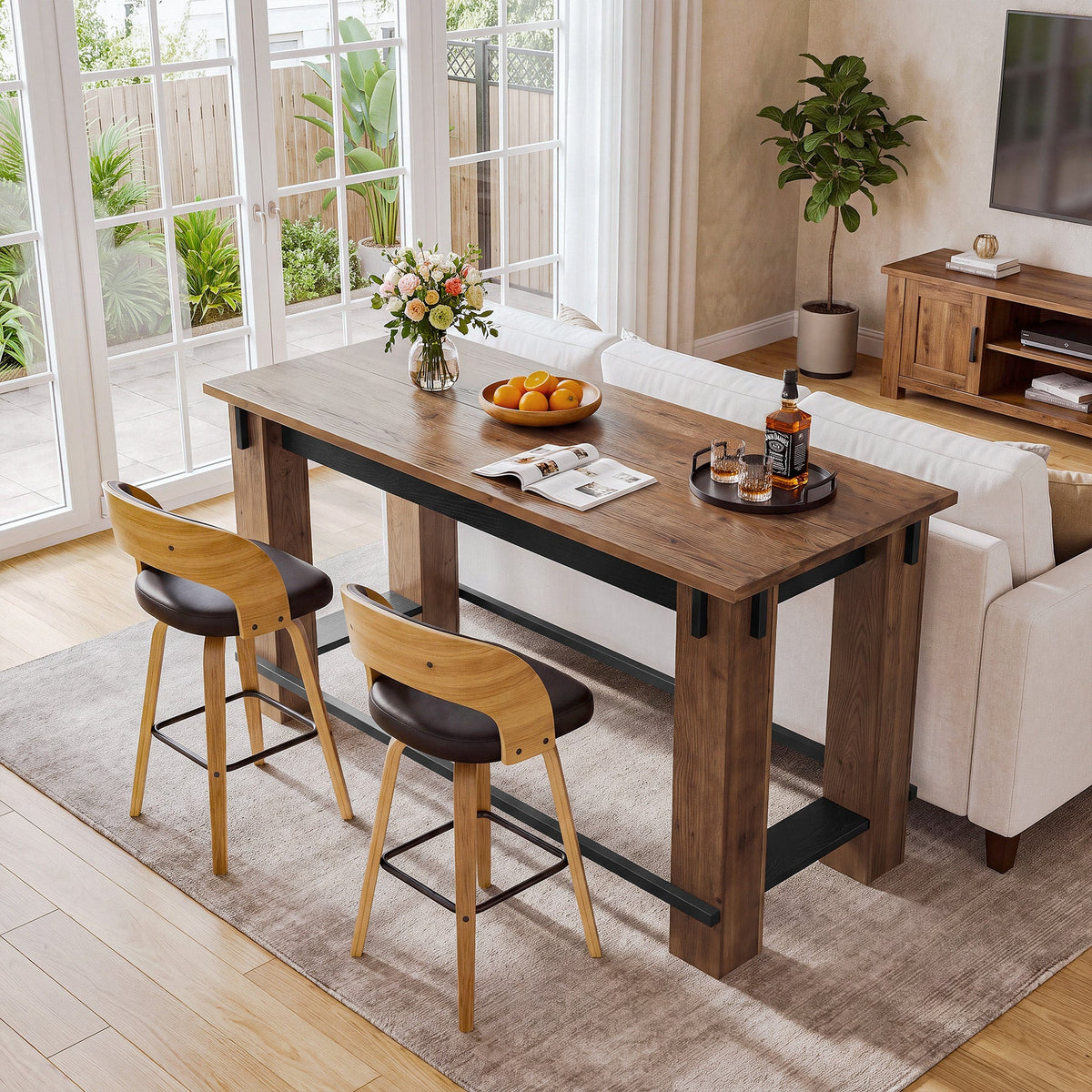 63" Farmhouse Solid Wood Bar Table, Metal Footrest, Counter Height Rectangle Pub Table