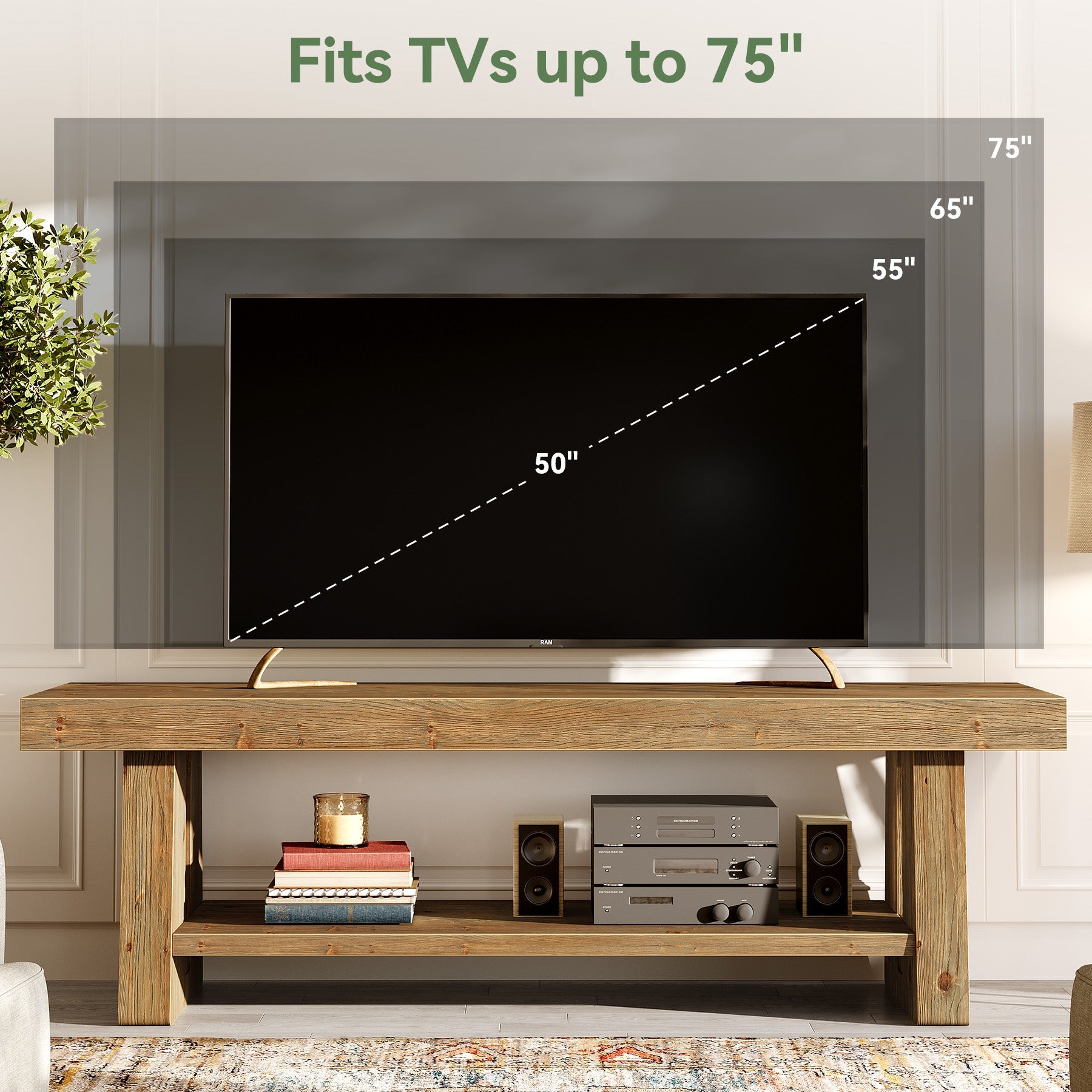 Solid Wood TV Stand for Up to 75 Inch TV, 2-Tier Farmhouse Media Console with Open Shelves