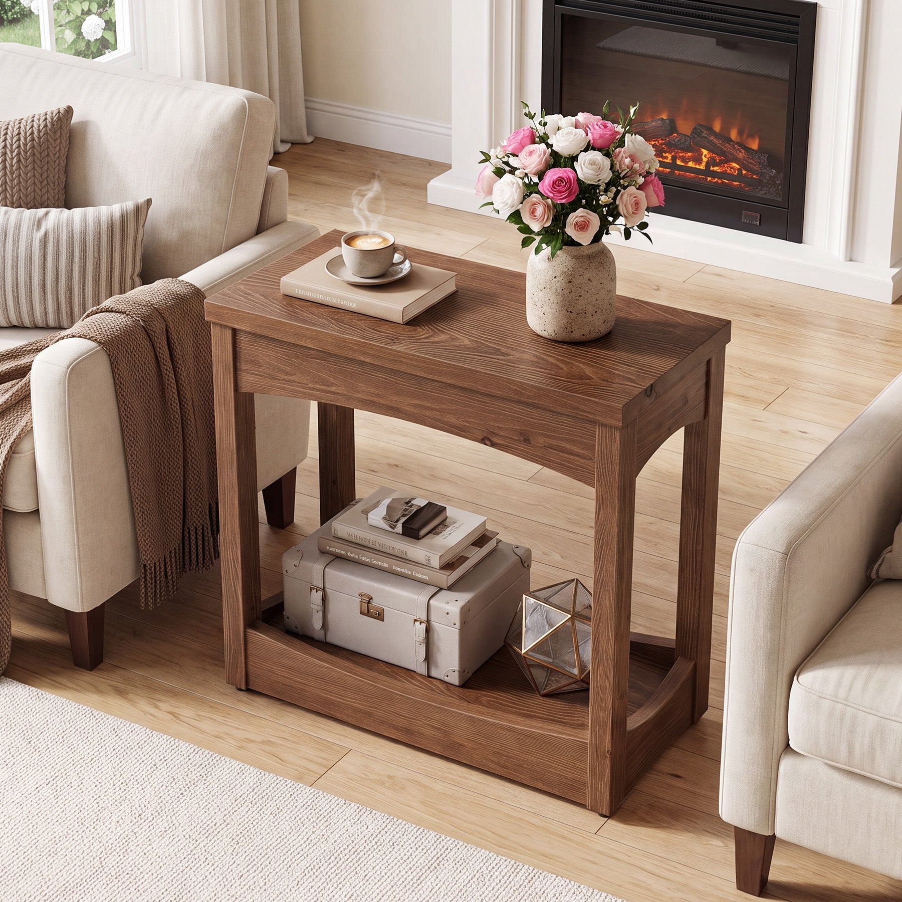 23.62" Solid Wood End Table, Rectangle Side Table with 2-Tier Shelf for Small Spaces