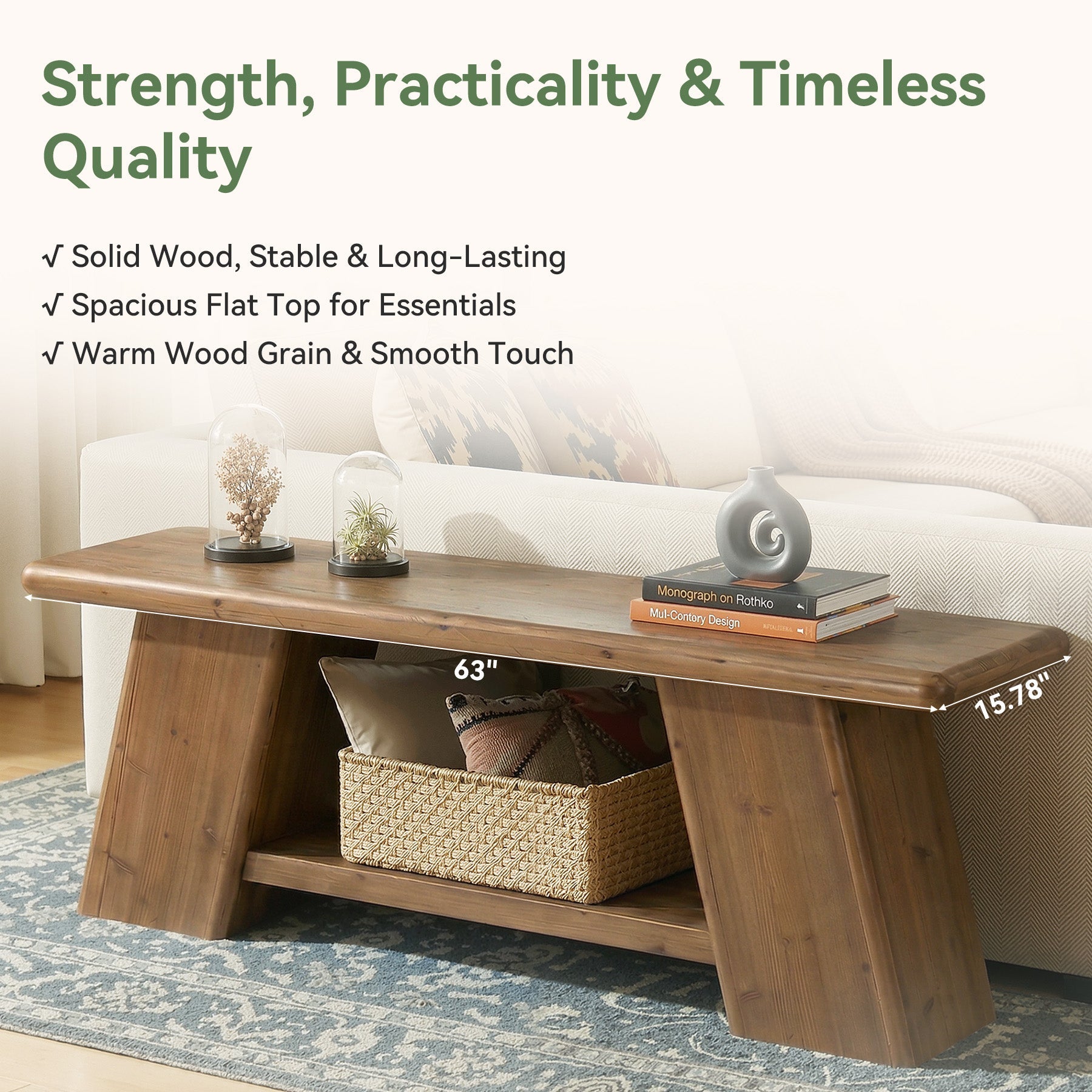 63" Solid Wood TV Stand for 50-65" TVs, Farmhouse Media Console with 2-Tier Open Storage
