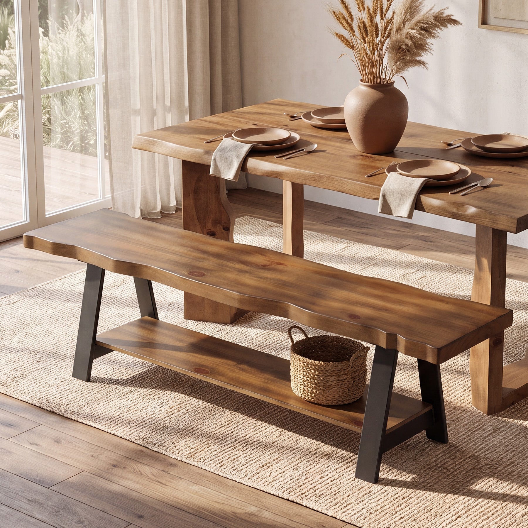 55" Solid Wood Dining Bench, Live Edge Dining Seat with Storage Shelf & Metal Legs