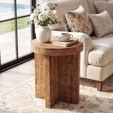 Round Solid Wood End Table, 19.7" Side Table with Cross‑Braced Base for Small Spaces 3