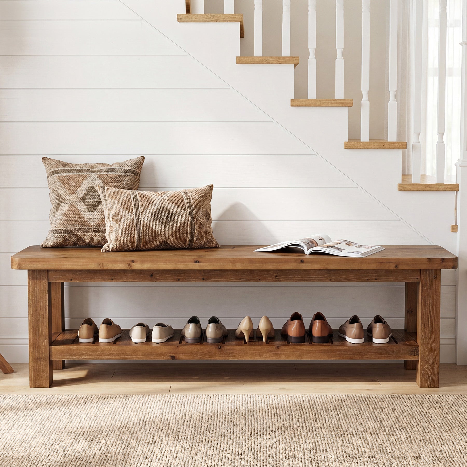 63" Solid Wood Entryway Bench with Storage, 2-Tier Farmhouse Shoe Bench for Hallway