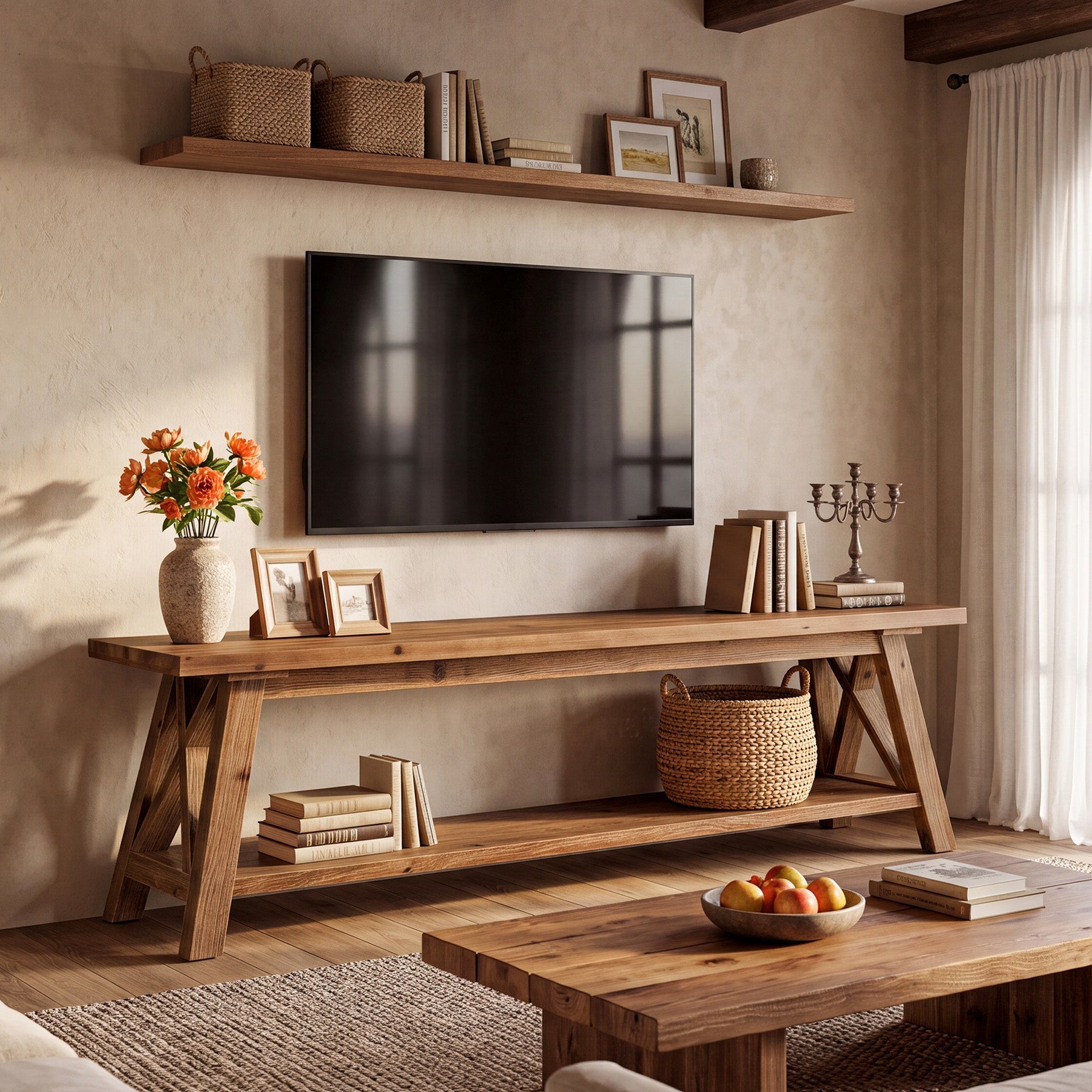 55" Solid Wood TV Stand, Farmhouse Entertainment Center for 55/60/65-Inch TVs