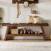 2-Tier Solid Wood Entryway Bench with Open Storage, Wooden Shoe Bench for Hallway & Foyer 3