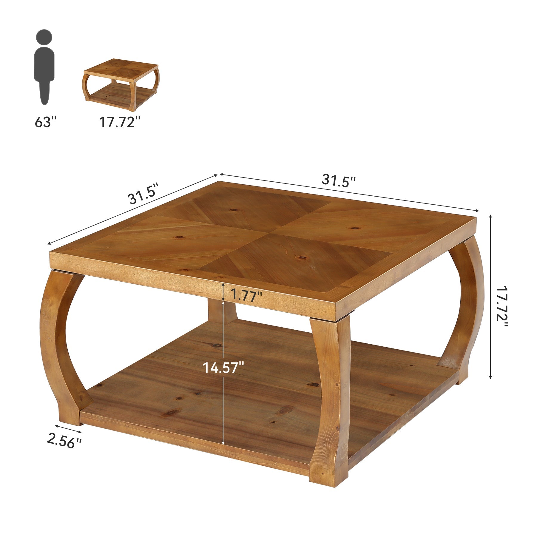 Square Solid Wood Coffee Table, 31.5" Center Table With Storage