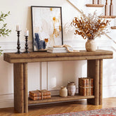 63" Solid Wood Console Table, 2-Tier Farmhouse Entryway Table with Storage Shelf 3