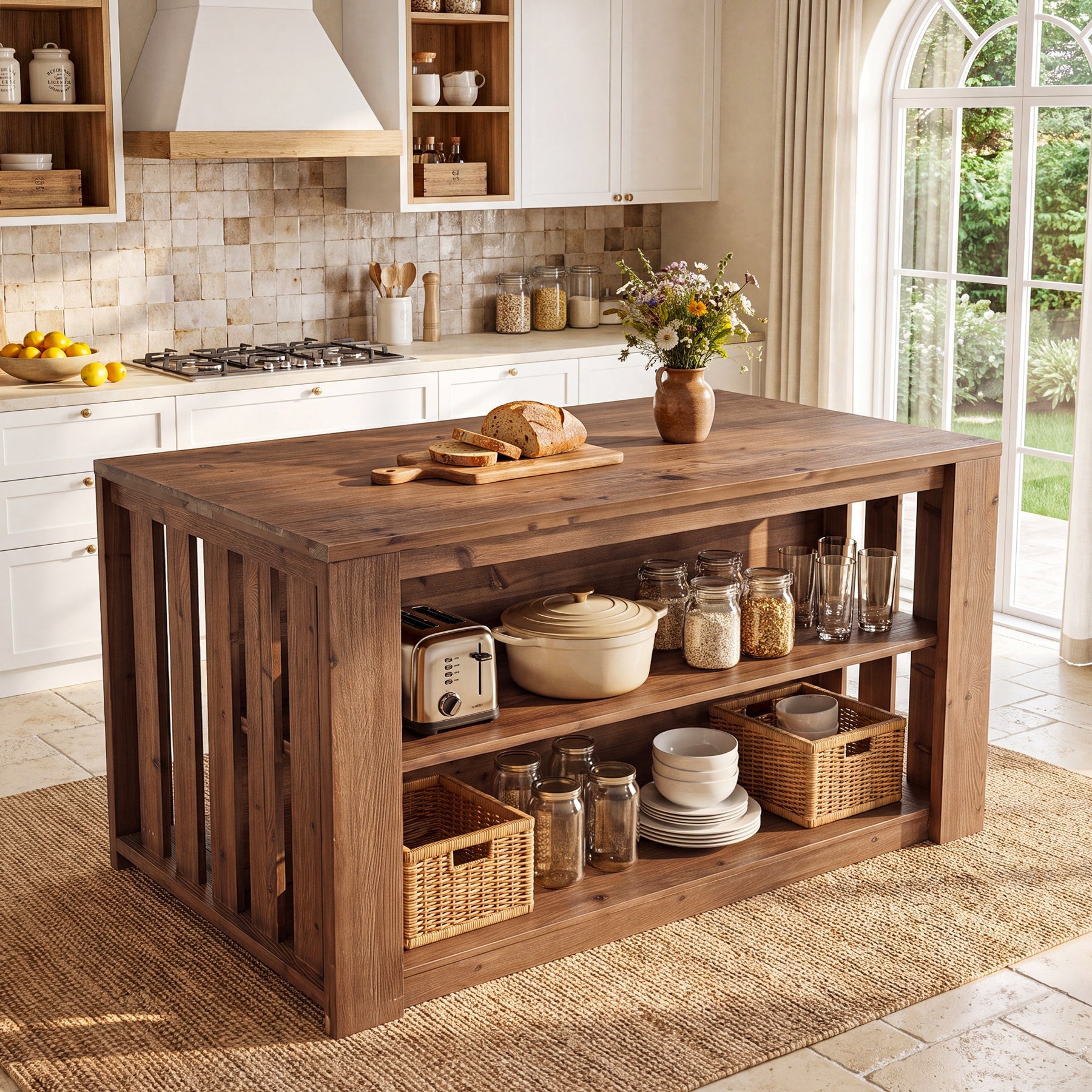 55" Kitchen Island, Solid Wood Stationary Island Table with 2-Tier Storage