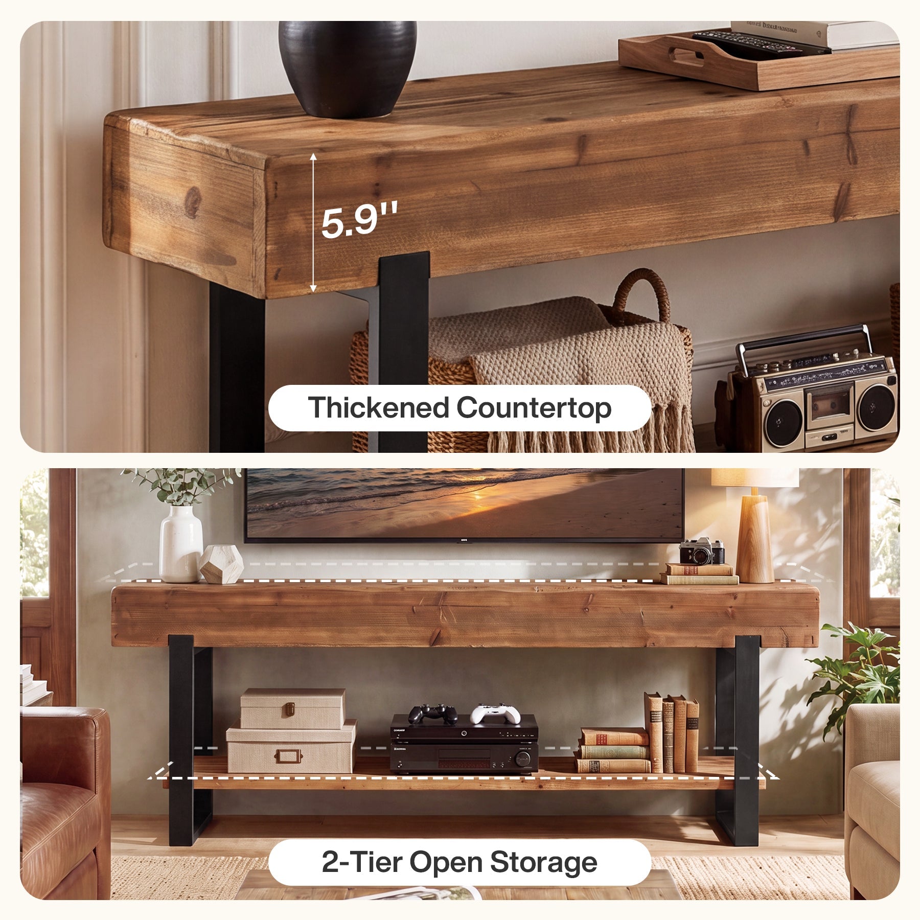 63" Solid Wood TV Stand for 55-75" TVs, 2-Tier Entertainment Center with Metal Frame