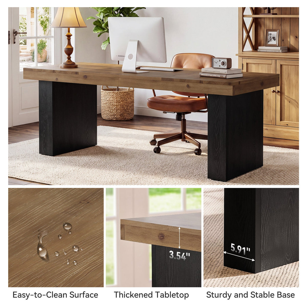 79" Solid Wood Executive Desk, Long Conference Table Computer Desk with Heavy Duty Base
