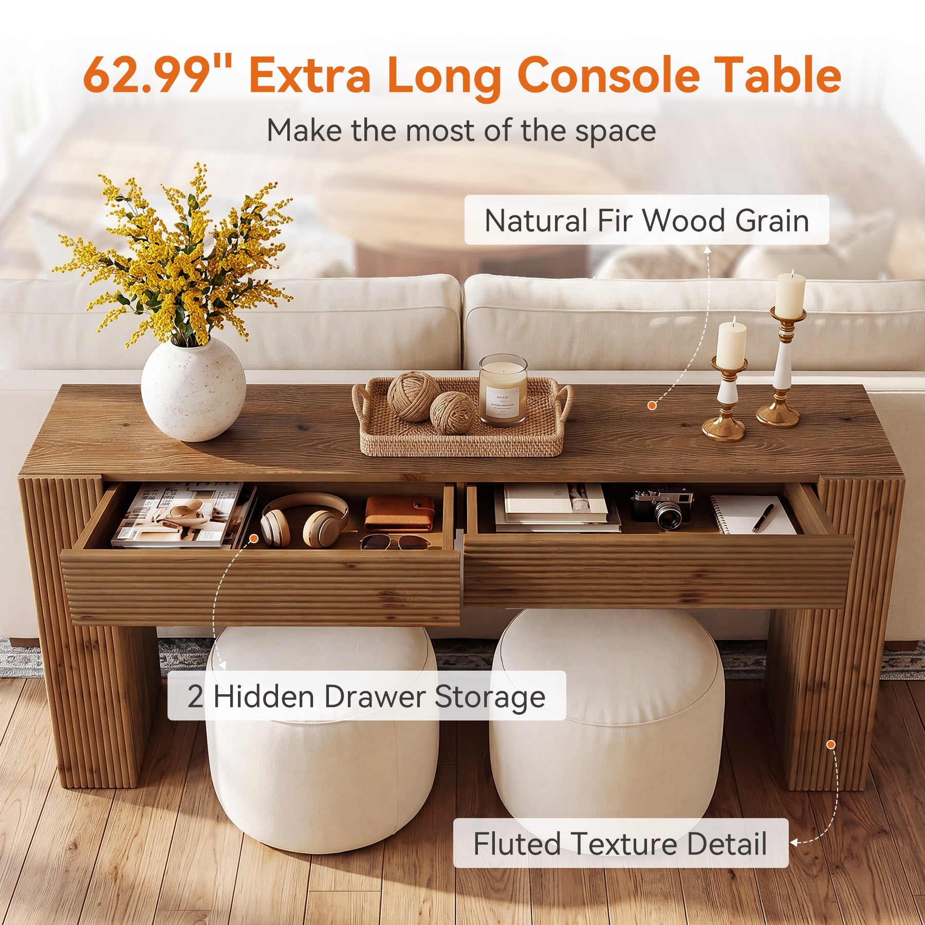 63" Solid Wood Console Table with 2 Drawers, Fluted Entryway Sofa Table for Hallway, Foyer