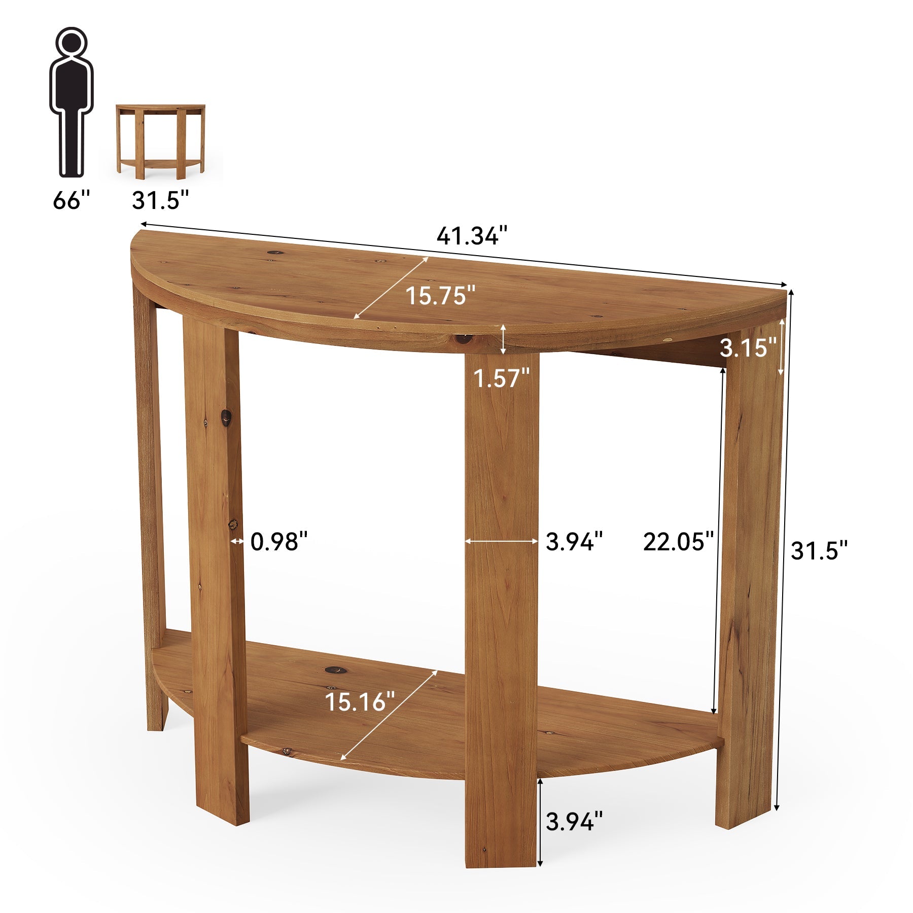 Solid Wood Console Table, Half-Moon 41.3" Hallway Table with 2-Tier Storage