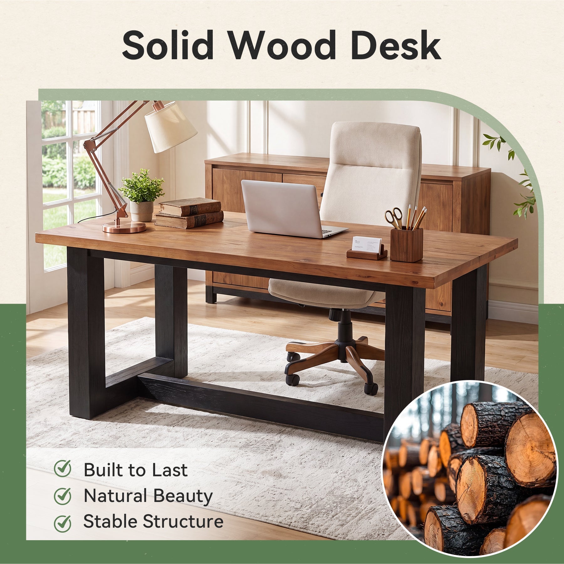 63" Solid Wood Executive Desk, Large Computer Desk Office Conference Desk