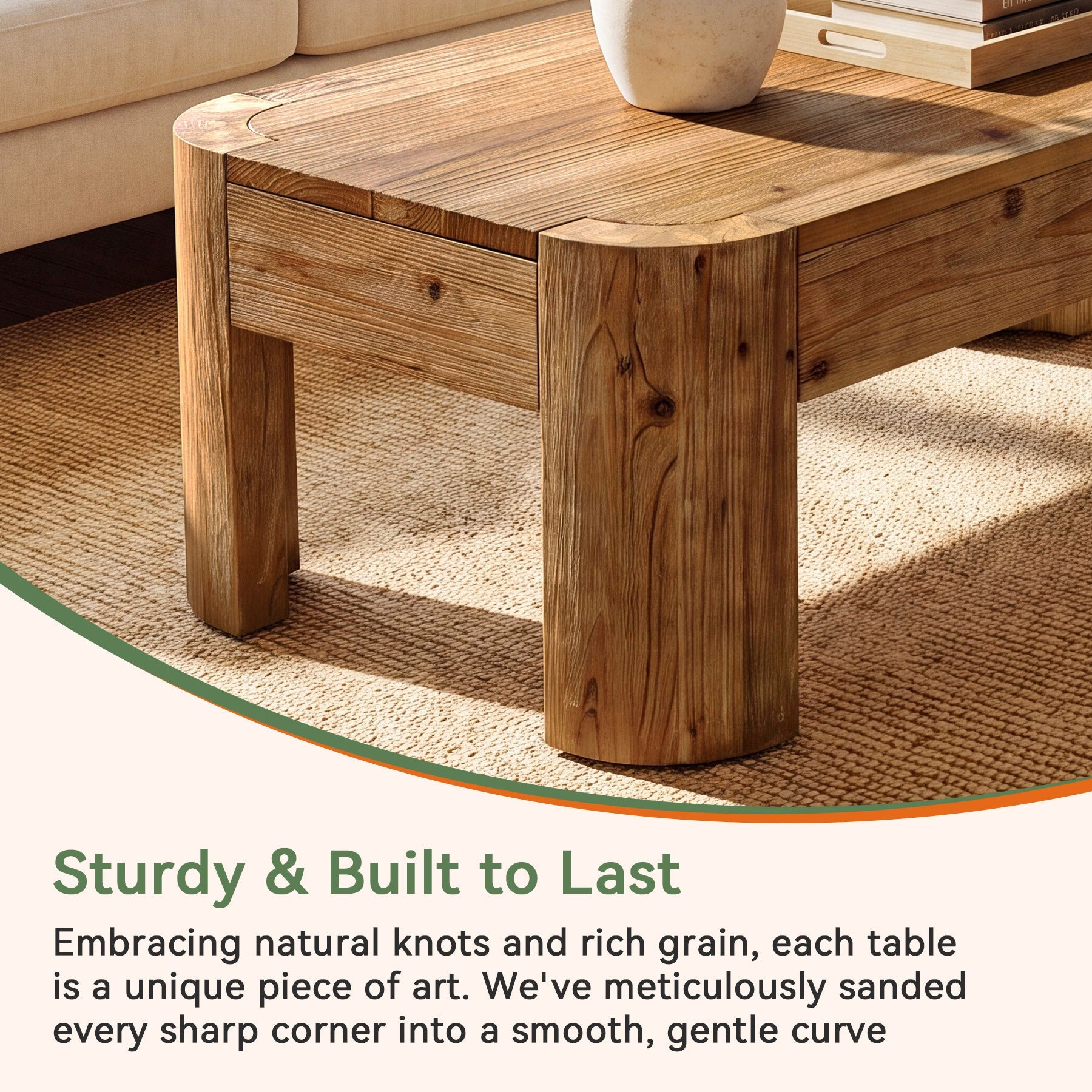 47.24" Solid Wood Coffee Table, Rectangular Center Table with Rounded Corners for Living Room