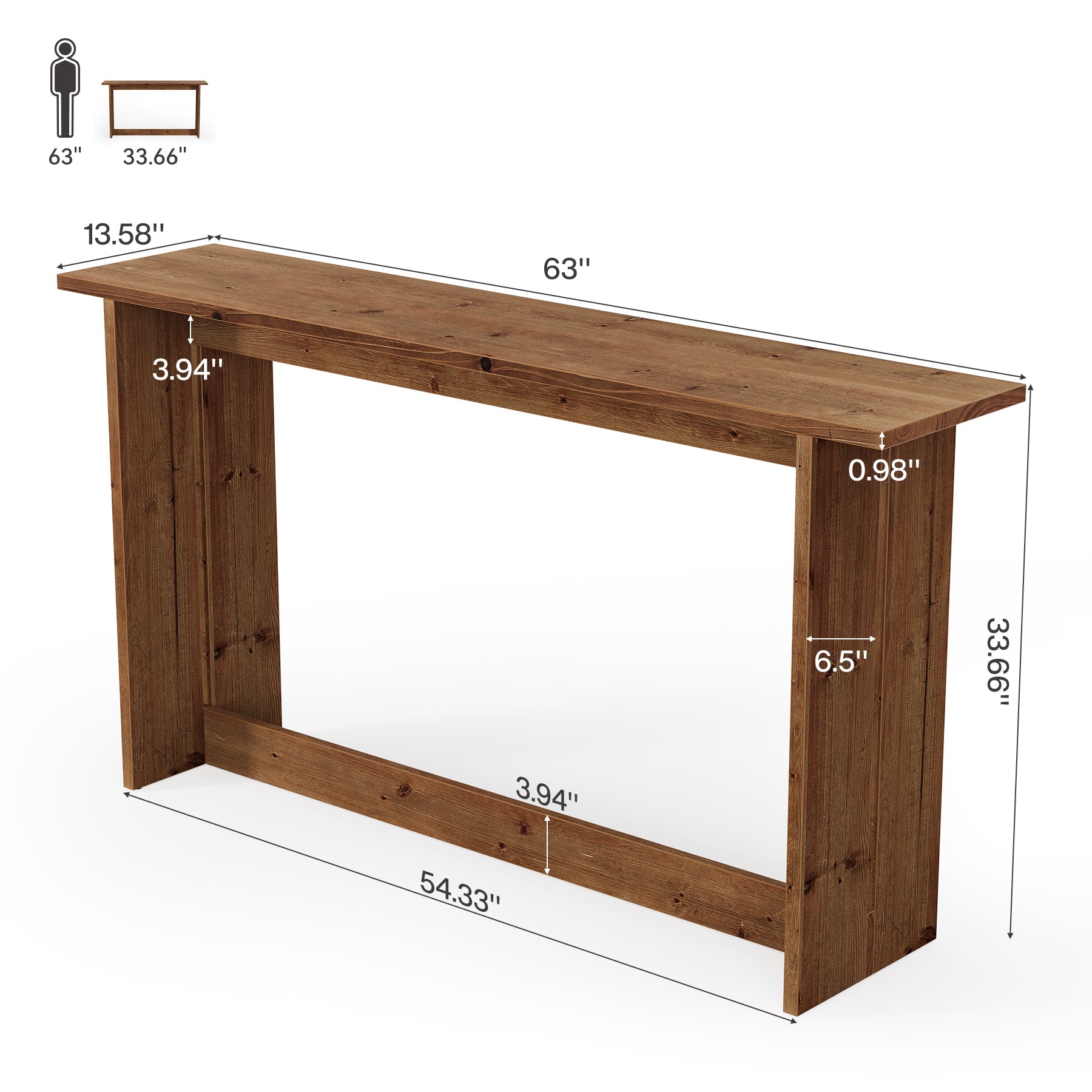 63“ Solid Wood Farmhouse Console Table with Bottom Shelf, Entryway Sofa Table for Hallway or Behind Couch