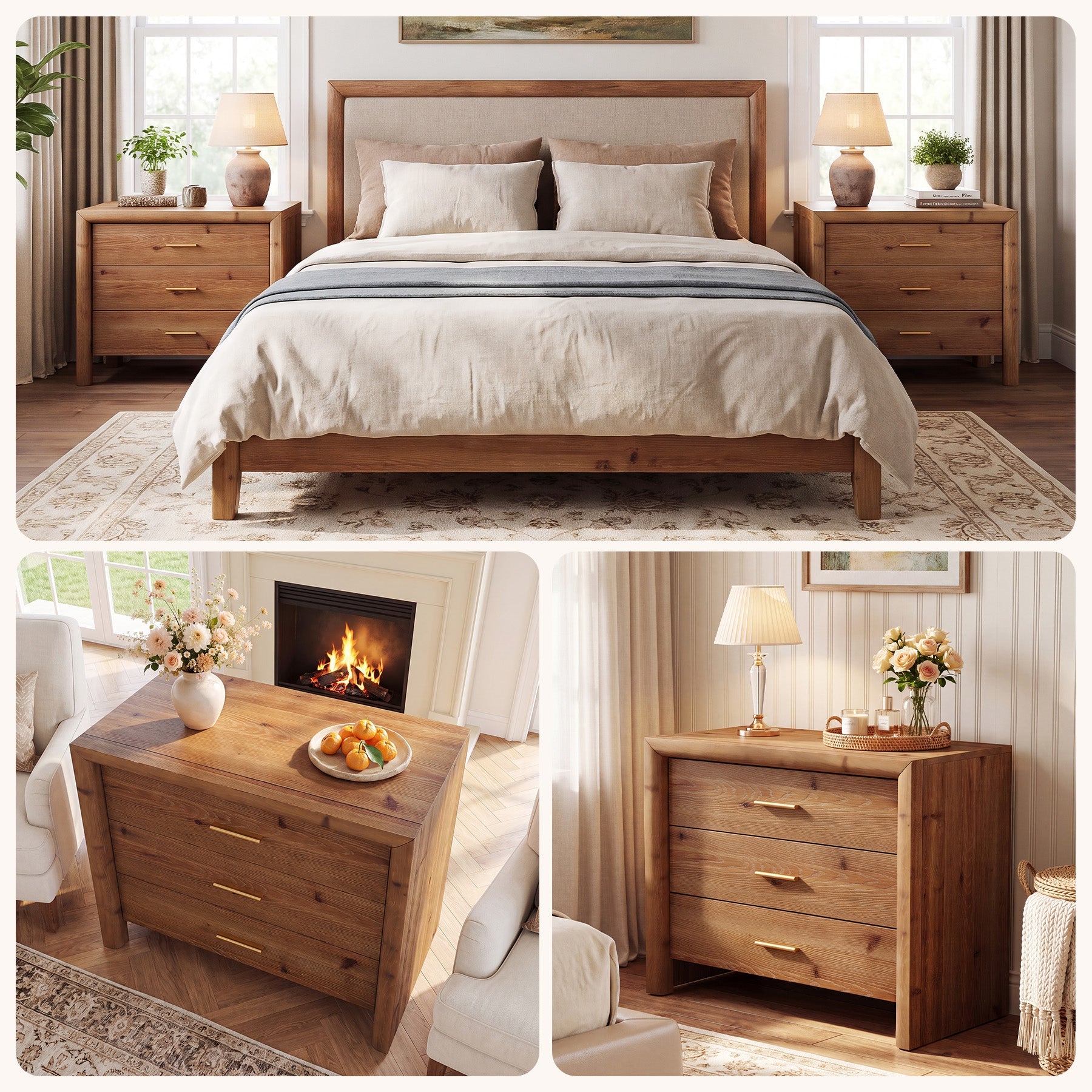 Solid Wood Nightstand with 3 Drawers, 31.5" Oversized Bedside Table for Bedroom