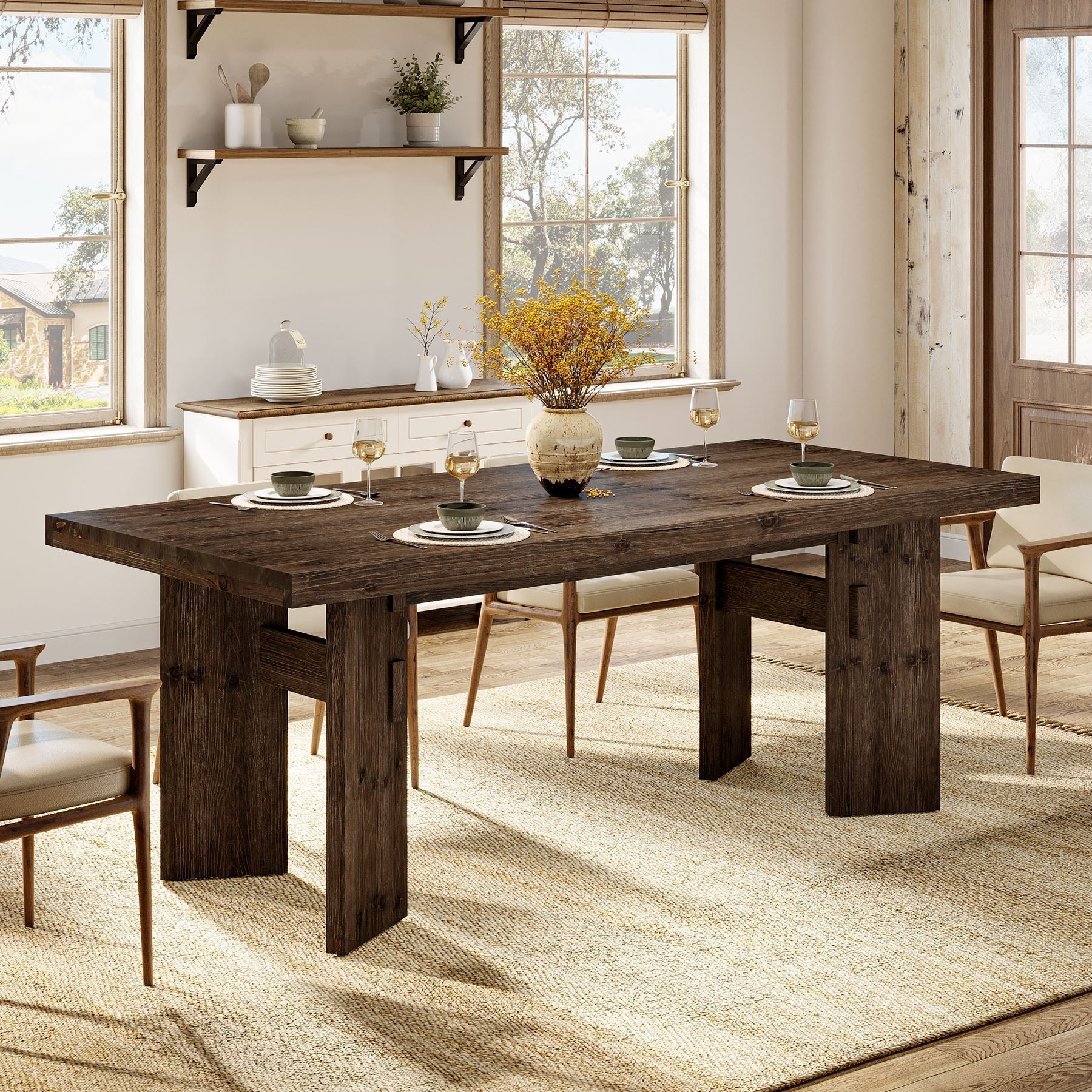 Solid Wood Dining Table for 4-6 People, 63" Rectangular Kitchen Table