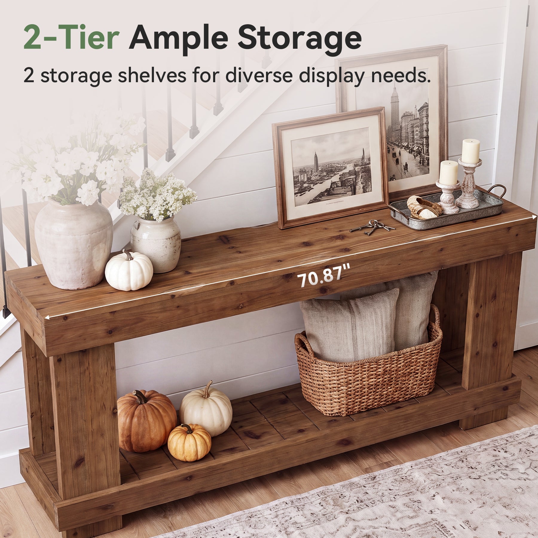 70.87" Solid Wood Console Table, 2-Tier Farmhouse Entryway Table Sofa Table Behind Couch