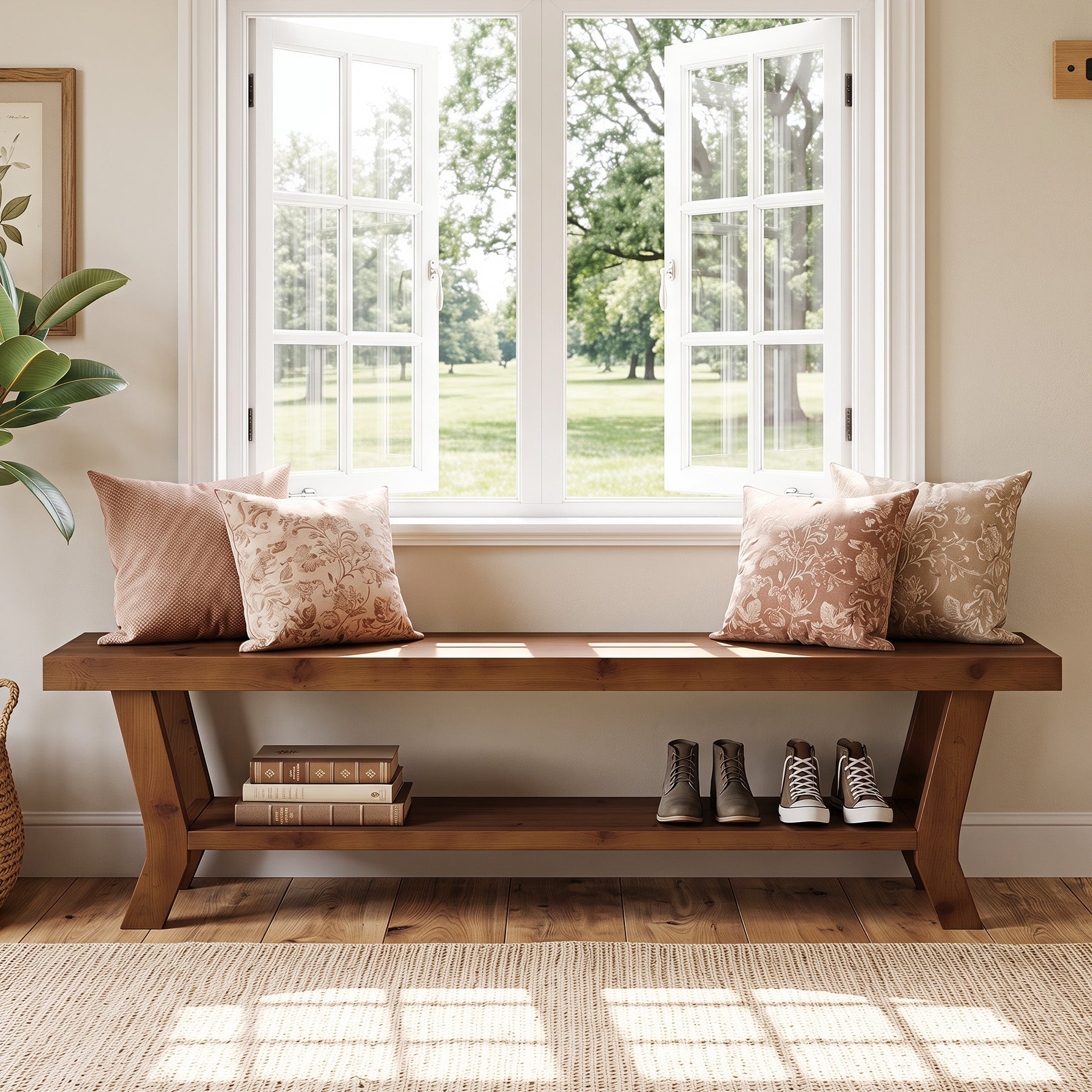 55-Inch Solid Wood Entryway Bench with Lower Shoe Shelf, Farmhouse Seat for Hallway