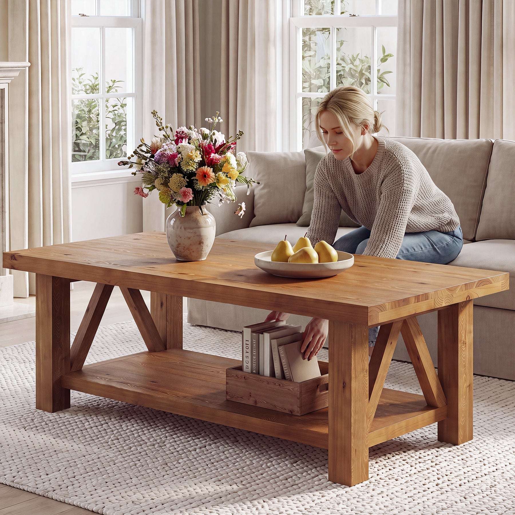 55" Rectangular Coffee Table, 2-Tier Solid Wood Center Table for Living Room