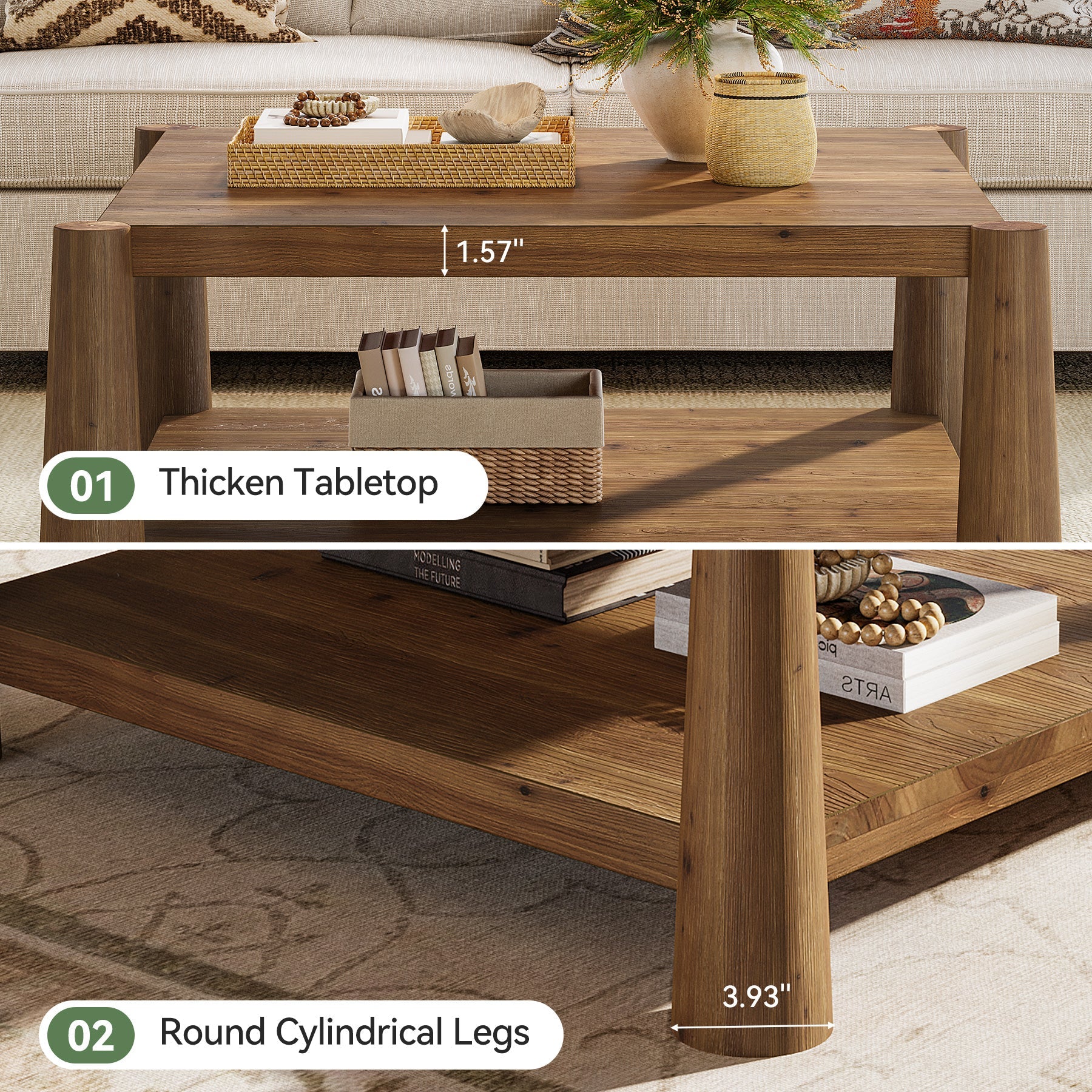 Square Solid Wood Coffee Table, 34" Farmhouse Center Table with 2-Tier Storage