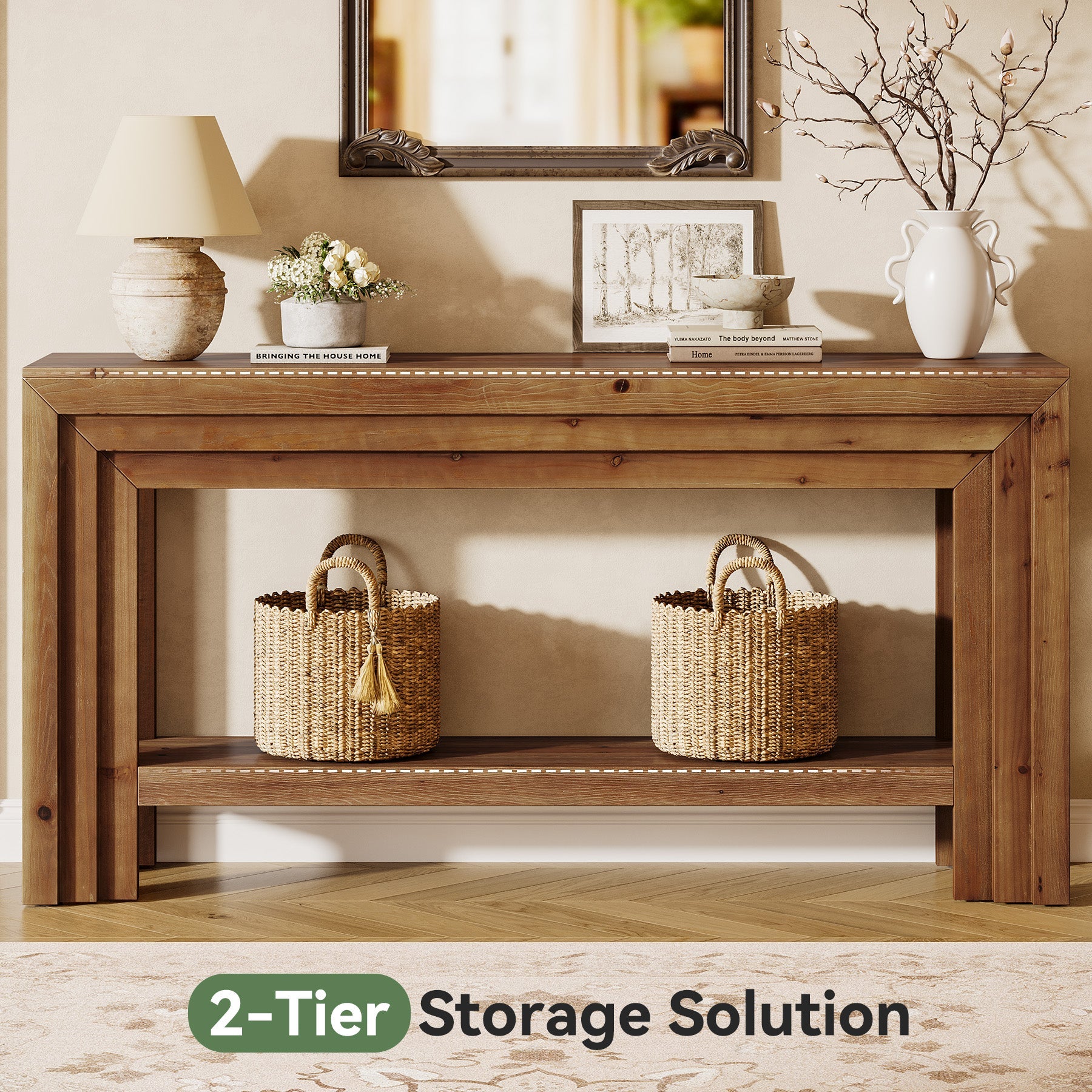 63" Solid Wood Entryway Console Table with 2-Tier Shelf, Farmhouse Sofa & Hallway Table with Dimensional Linear Frame