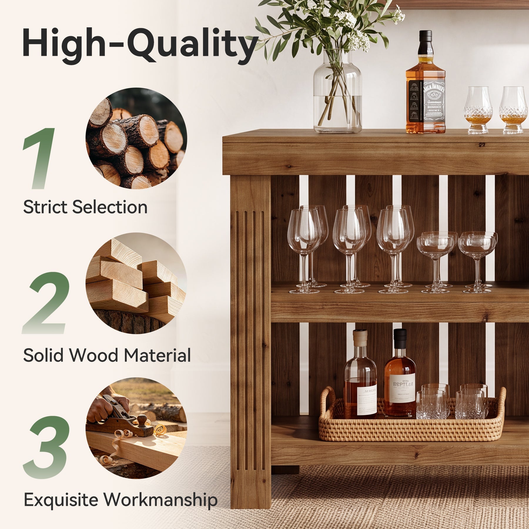 63" Solid Wood Bar Table, 3-Tier High Top Table with Large Rectangle Worktop