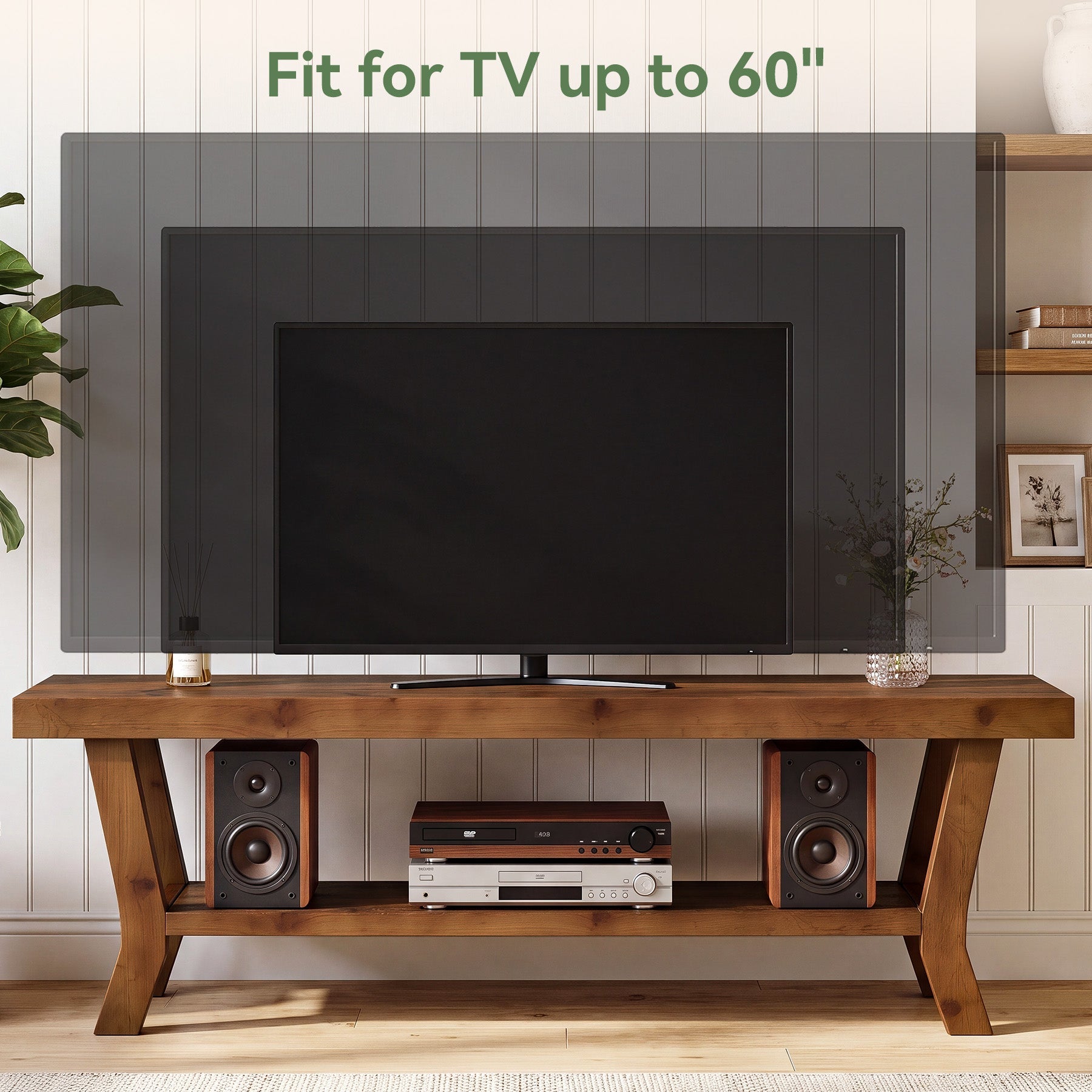 55-Inch Solid Wood TV Stand with Storage Shelf, Low-Profile Console for Living Room