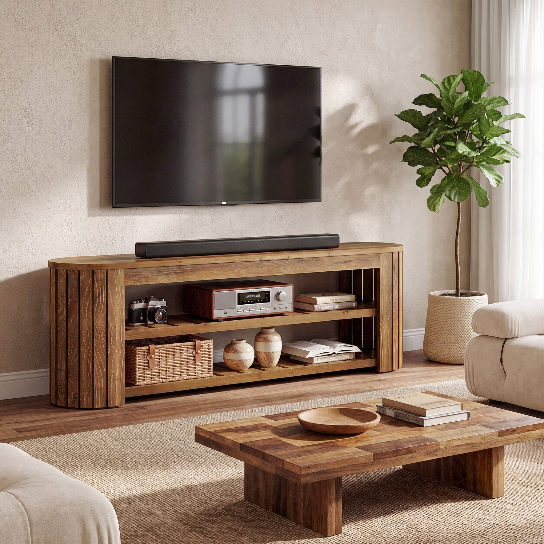 63" Solid Wood TV Stand, Entertainment Center with 2-Tier Shelves for 55/60/65/70-Inch TVs