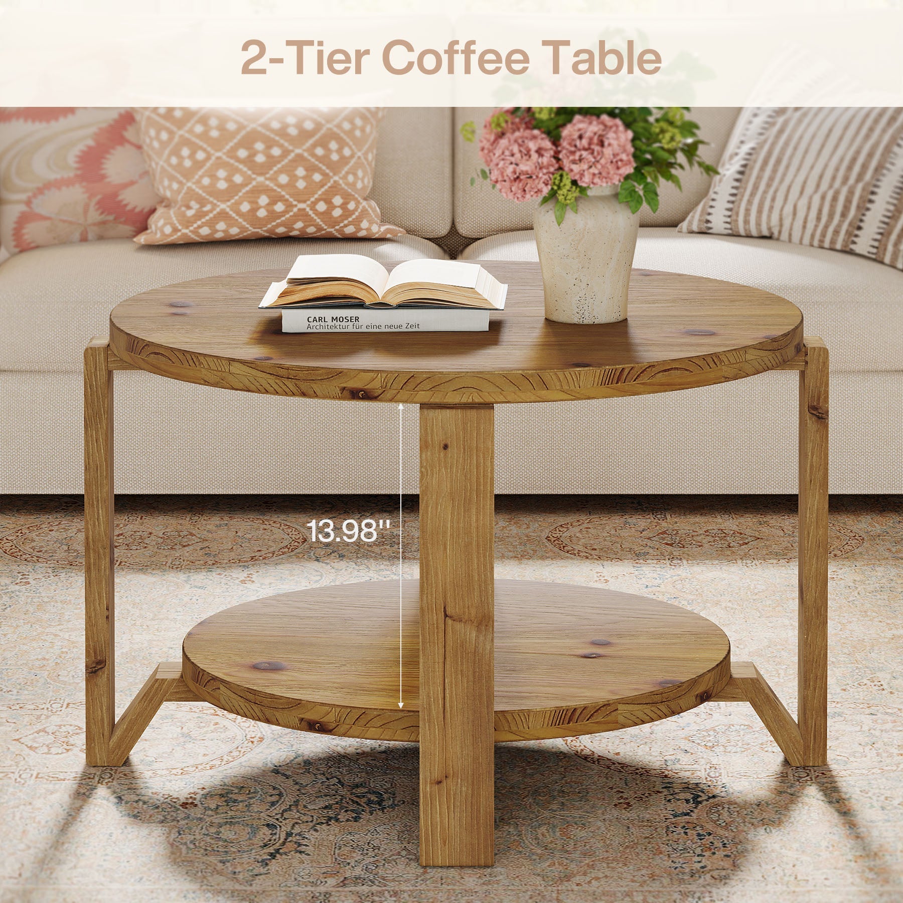 30" Solid Wood Coffee Table, Round Small Center Table with 2-Tier Storage