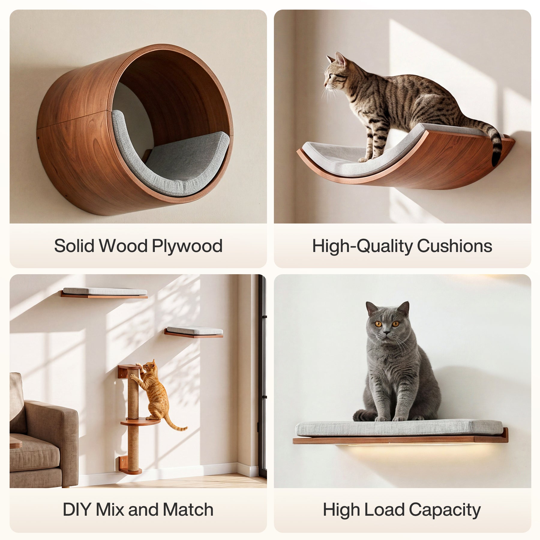 Solid Wood Cat Wall Shelves Set, 5-in-1 Cat Wall Furniture Cat Perches Set for Living Room