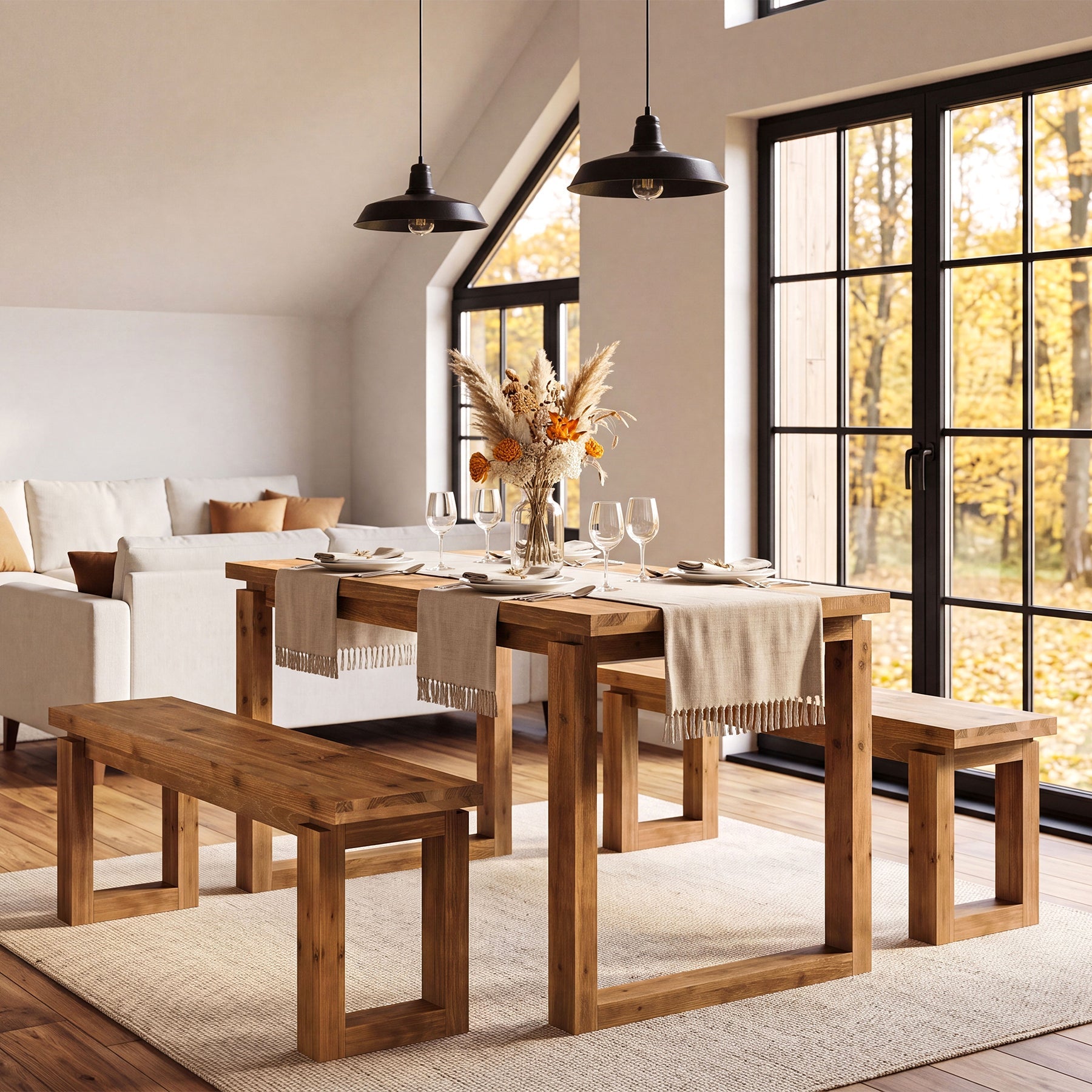 3-Piece Solid Wood Dining Table Set, Rectangular Kitchen Table with 2 Benches